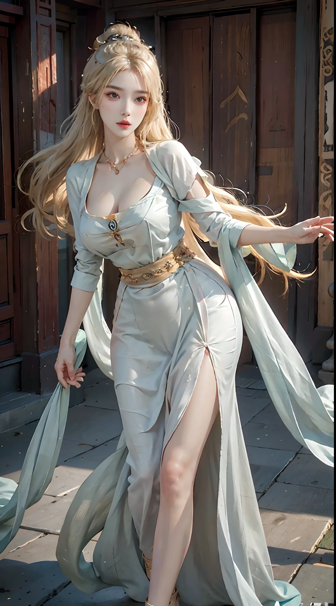 photorealistic, high resolution, 1women, solo, hips up, look at viewer, (detailed face), blonde hair, dunhuang_dress, tattoo, jewelry
