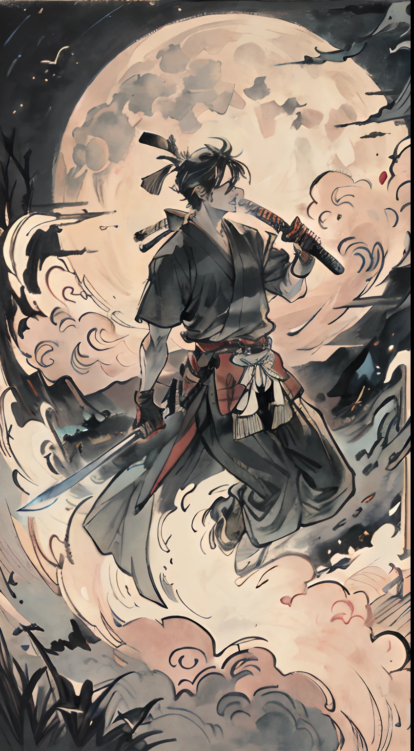 A magnificent masterpiece, hiquality, night time, Hills, Clouds, full moon, hairlong, Boy with a sword, silhouette, Fireflies, samurai of the Sengoku period, Hatchet