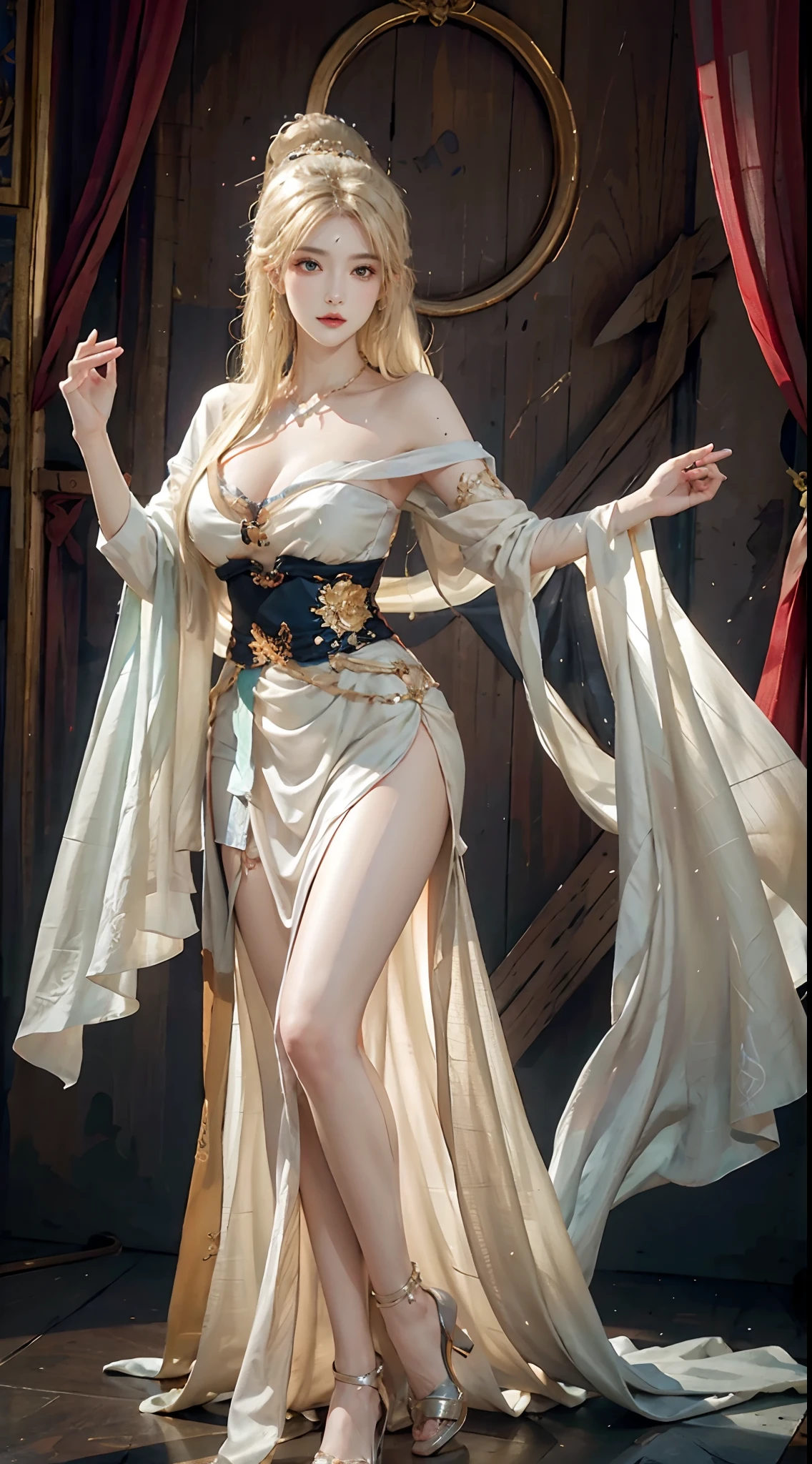 photorealistic, high resolution, 1women, solo, hips up, look at viewer, (detailed face), blonde hair, dunhuang_dress, tattoo, jewelry