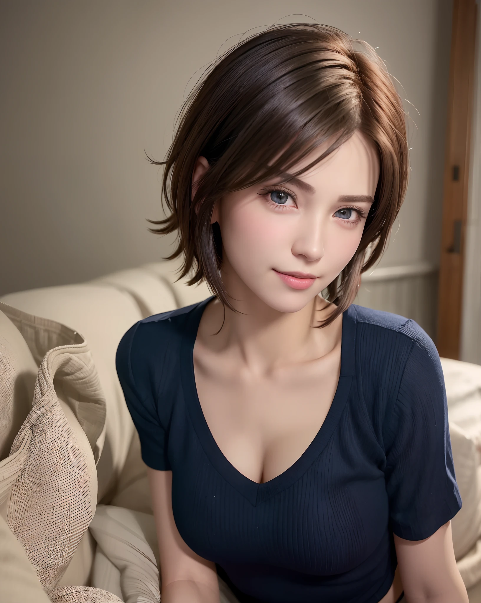 Best Quality, Ultra High Resolution, (Photorealistic: 1.4), Beautiful Eyes, Super Beautiful, Very Short Hair, Beautiful, Sweetheart, T-shirt with Rough Chest, Beautiful Soldier, Eyes That Invite Viewer, Lover's Perspective, Inviting Expression, Sexy Smile, Perfect Style, Perfect Balance, Detailed Skin, Naughty Gaze, Chest Visible