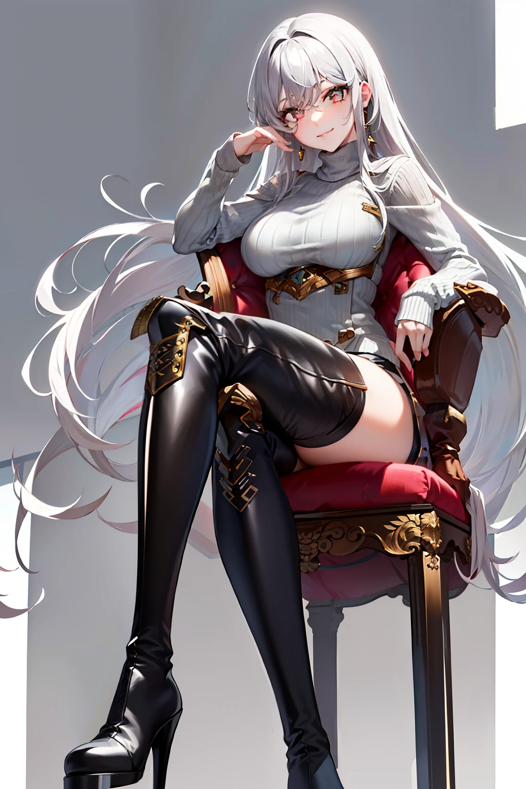 (tmasterpiece，high high quality，light grey sweater，stare，thigh boots，whaite hair，ssmile，sit on chair，Absolute realm，‎Classroom，Sitting，Crossed legs，low head，Leg details，Foot details，detail in face)