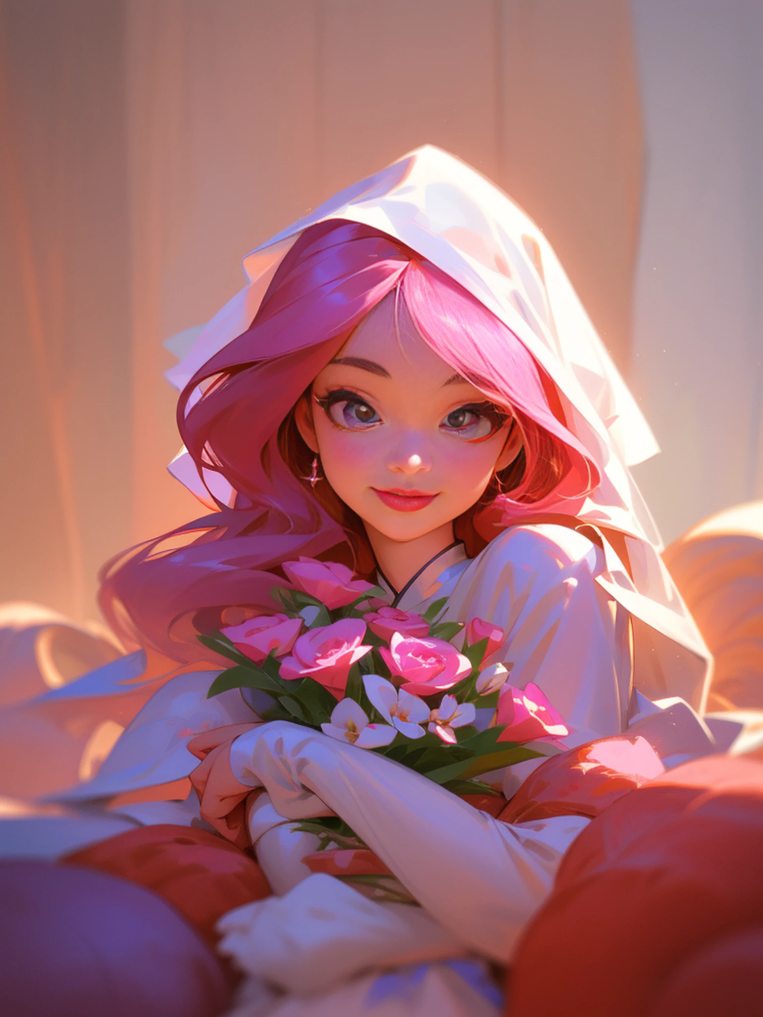 Long Light Hair,close to face,Chinese big eyes girl with lipstick on her lips, Realistic scene style, Light pink and light maroon, Bouquet in hand,Wearing a veil,Smiling,I can't believe how beautiful this is, pixar-style, pixar-style, pixar-style, pixar-style,Light white and dark pink, cartoon character