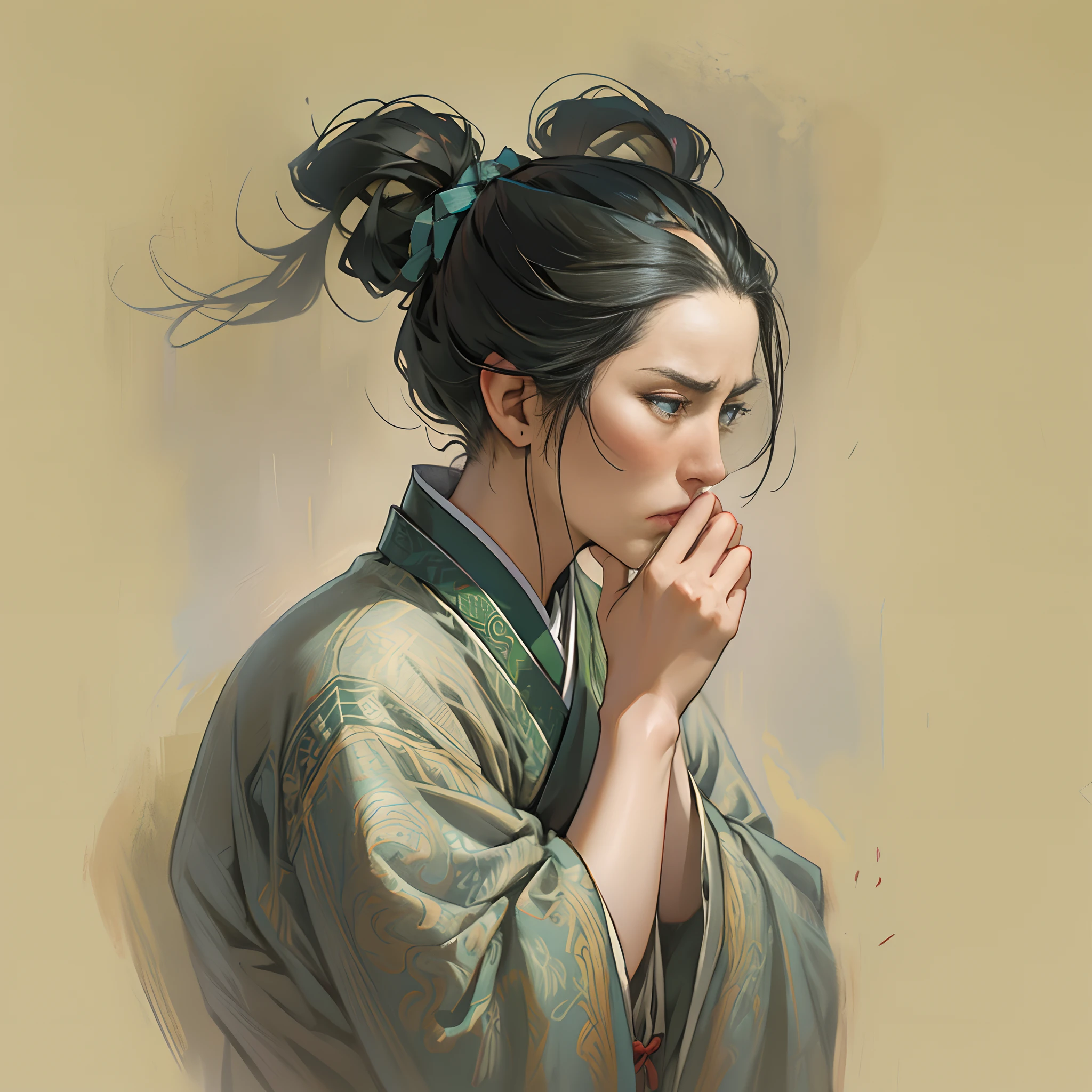 A female Taoist with a slightly furrowed brow, lightly tapping her chin with her fingers, her eyes revealing a hint of confusion and doubt. The surroundings are an empty scene without any specific background.