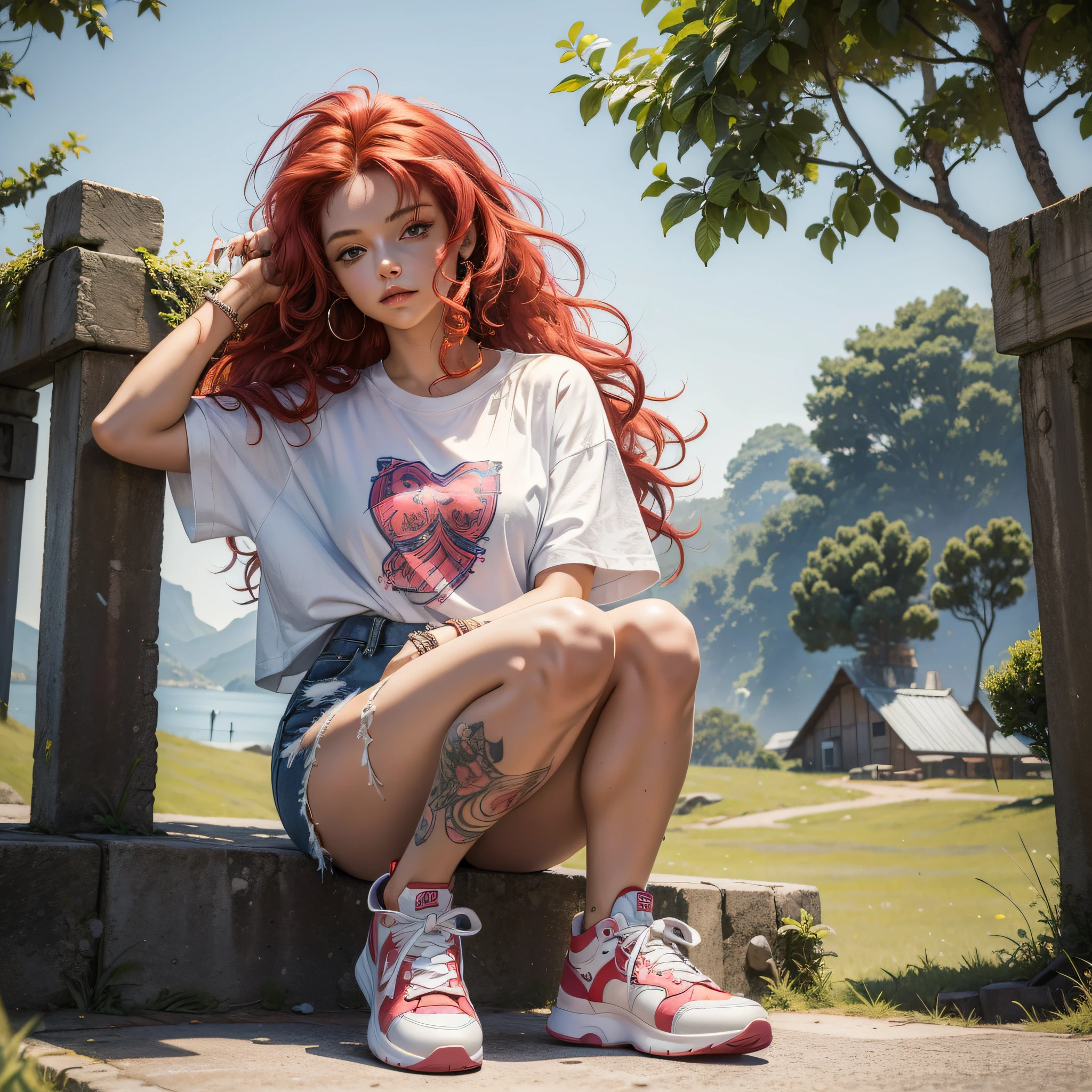 (Masterpiece:1.4),(Best Quality:1.4), ultra high definition, very detailed,
1girl, long curly hair, red hair, arm tattoos, oversized white t-shirt, ripped white cargo pants, hot pink sneakers, crouched looking at viewer, low angle, depth view
