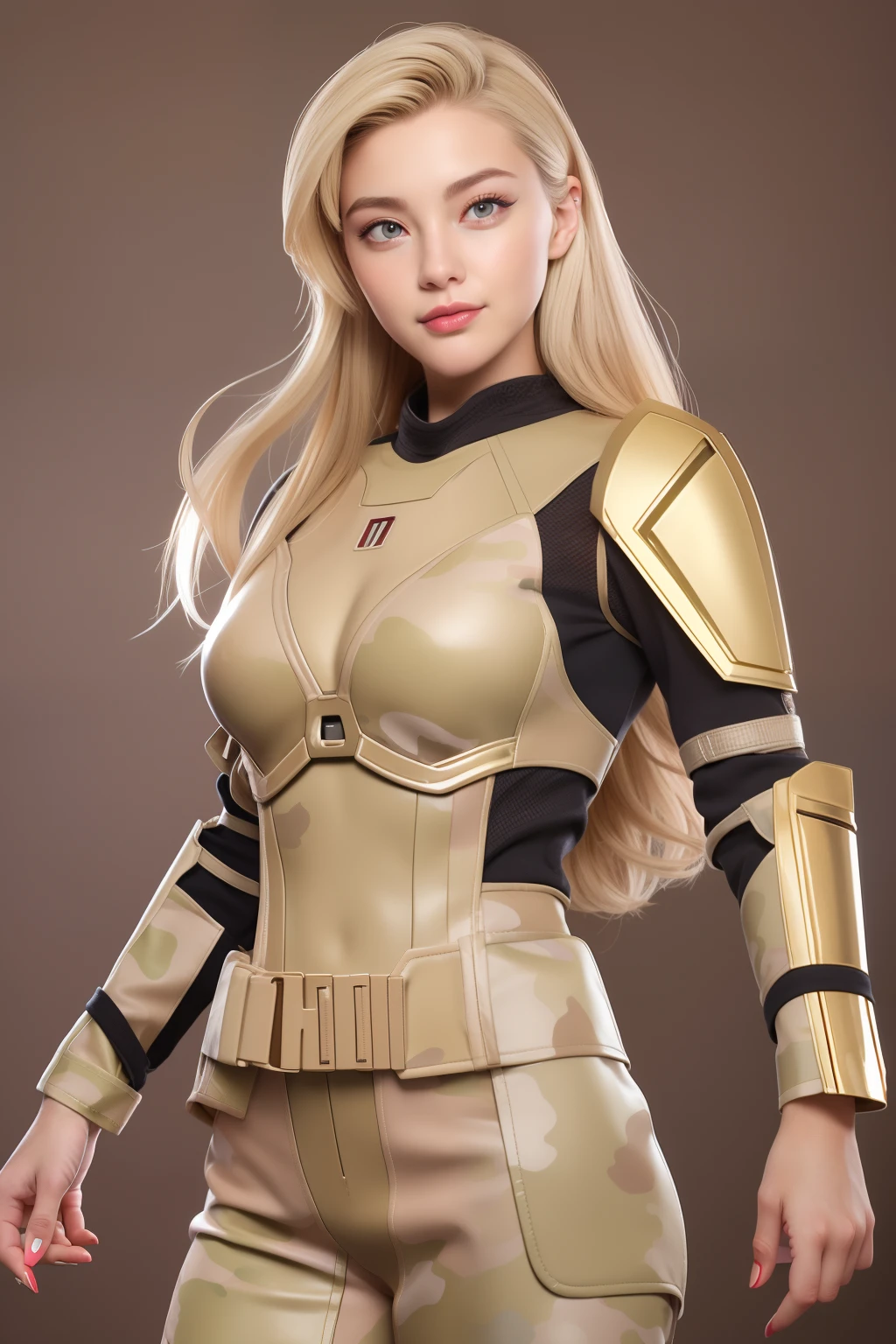 Beautiful Face Woman、a blond、Beige camouflage pattern background、 Beautuful Women、18year old、prety woman、hyper realistic photography、High-definition photos、red lipsticks、Mandalorian style miniskirt suit in metal armor、The skin is not very exposed、Do not cut your head off the screen、Red camouflage skirt、Facing the front、