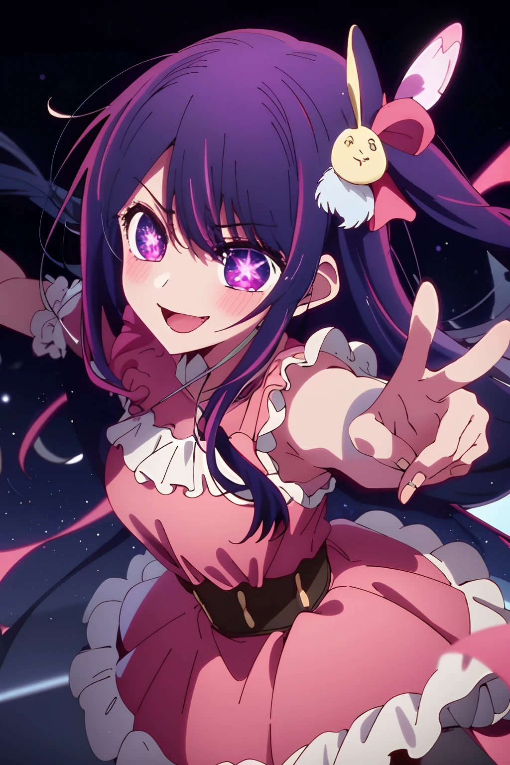 masterpiece、ighly detailed、(1 girl in:1.2)、purple color hair、pink dress、big eye、a closeup、A smile、8K、Ai Hoshino、Live performance venue、
