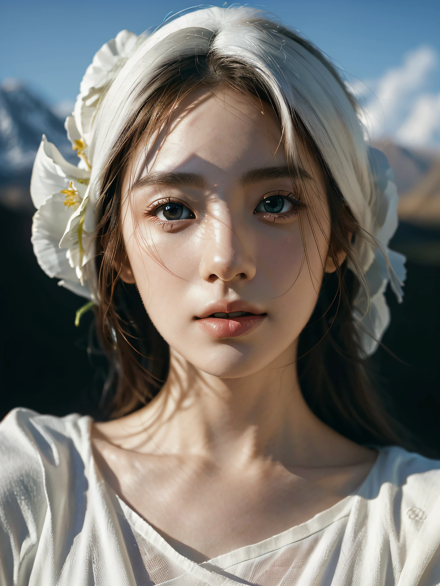 ((Pure beauty:0.8+ultra-realistic realism:1.2),White skin texture:1.2,eyes with brightness:1.1),lightand shade contrast:1.1,high textured:1.1,Picture quality:Ultra HD:1.3,The upper part of the body,tall nose bridge,dynamic angle,Clouds and mountains,Flower field in the foreground,Light tracing,realisticlying,offcial art,Unity 8k壁纸,ultra - detailed,Beautiful and beautiful,tmasterpiece,best qualityer,Glowing skin,cinmatic lighting。