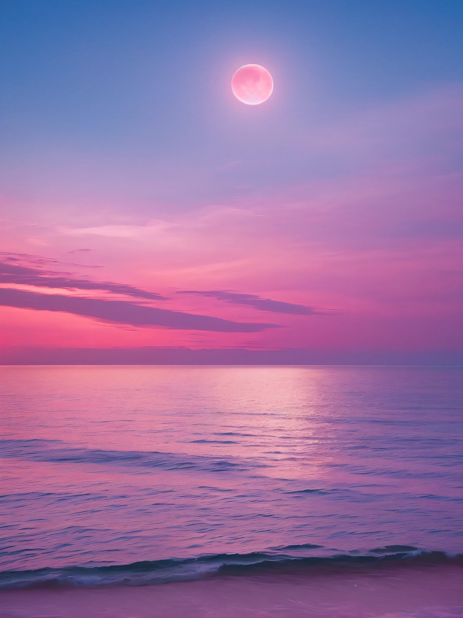 Pink moon, pink sky, soft pink clouds, pink ocean waves sparkling, sparkling, pink roses on pink ocean, fantasy, diamond, crown, universe, soft lights,