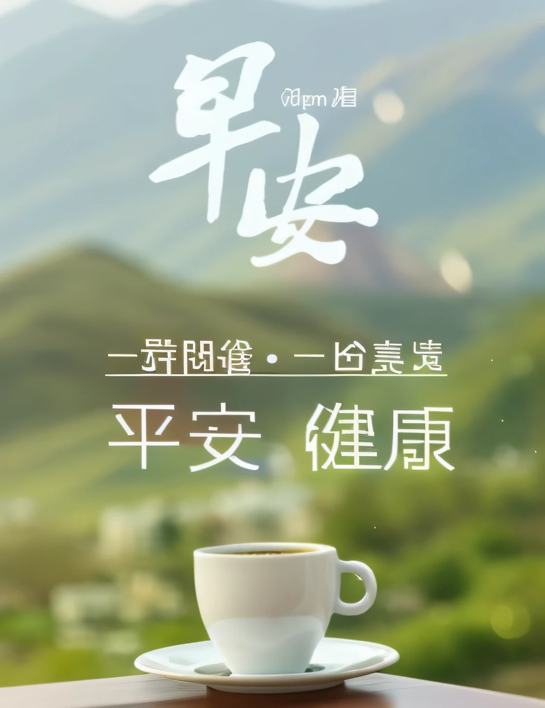 Close-up of a cup of coffee on the table，The background is a mountain, Morning, :: Morning, Middle metaverse, Good morning, late morning, morning coffee, morning time, Morning sunrise, summer morning, morning glow, morning hour, In the morning, author：Cheng Jiasui, early morning, beautiful morning, By Leng Mei