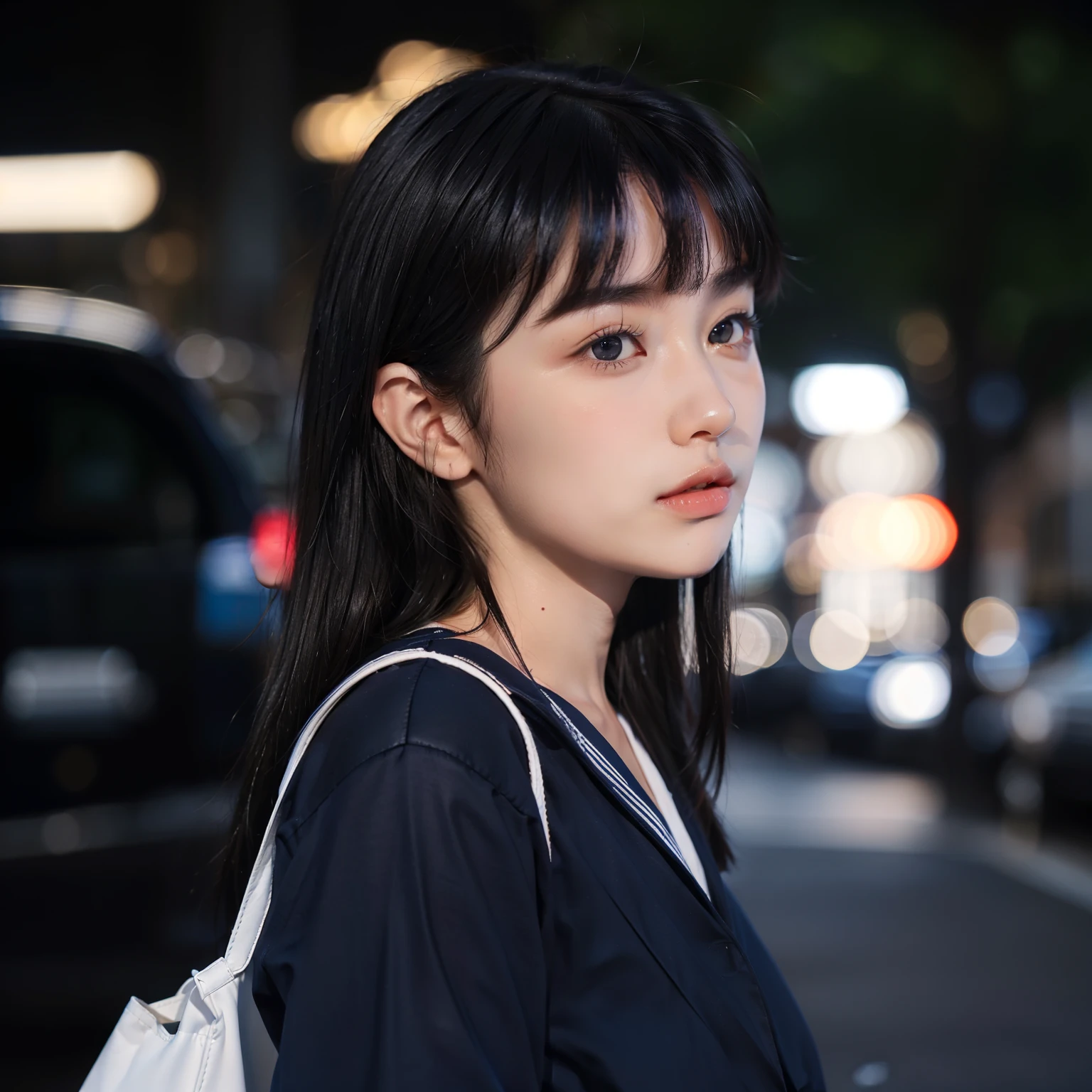 Cats A dark-haired White muscle straight haired With bangs Babe Planar face M-shaped lip unawareness profile Navy blue sailor suit big eye Parallel eyebrows High school students Leather Bag On a summer night takeout black eyes