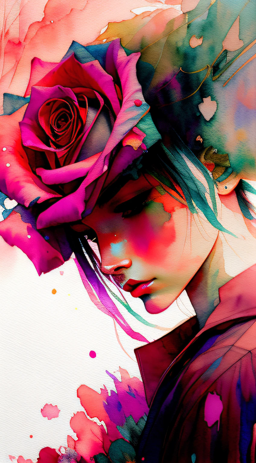 wtrcolor style, (rose) digital art, official art, blown by the wind, masterpiece, beautiful, ((watercolor)), paint splatter, intricate detail. Great detail, [dripping:0.7], Trending on Artstation, Rachel Walker