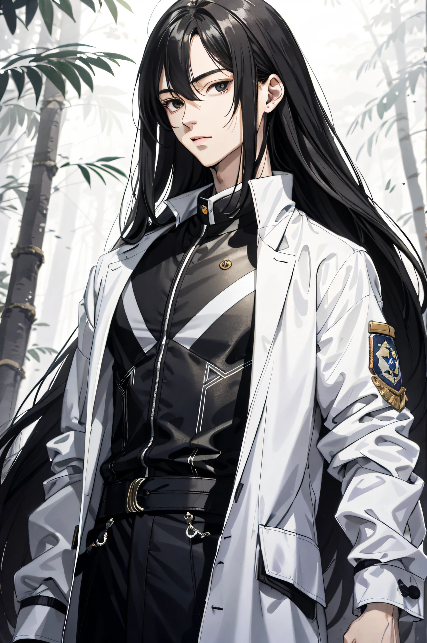 Absurd, High definition, Super detailed, Texture details, clear presentation, HD details, detail performance, Fine details, Clear face, Fix accurately, （（cabelos preto e longos））、long whitr hair、18-year-old man, Handsome, Tall,Soft smile、Slightly muscular,（Clear eyeballs）, (1 person: 1.3), handpainted, Simple lines, （An 18-year-old man wearing a white Chinese suit）, foggy forest、The upper part of the body，Exocet suit