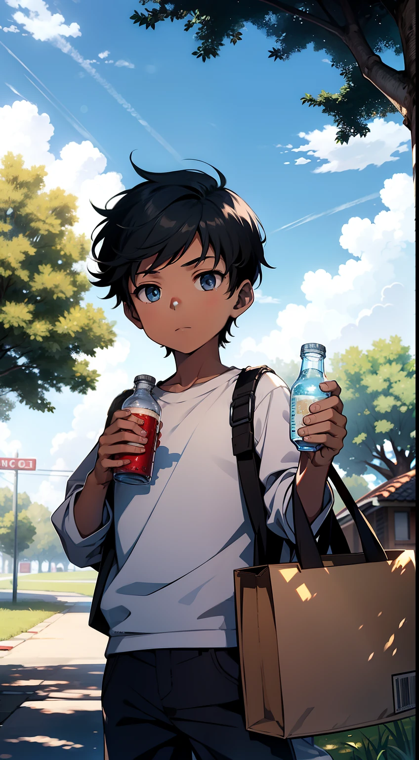 with blue sky and white clouds,The boy holds an open bottle of soda under a tree