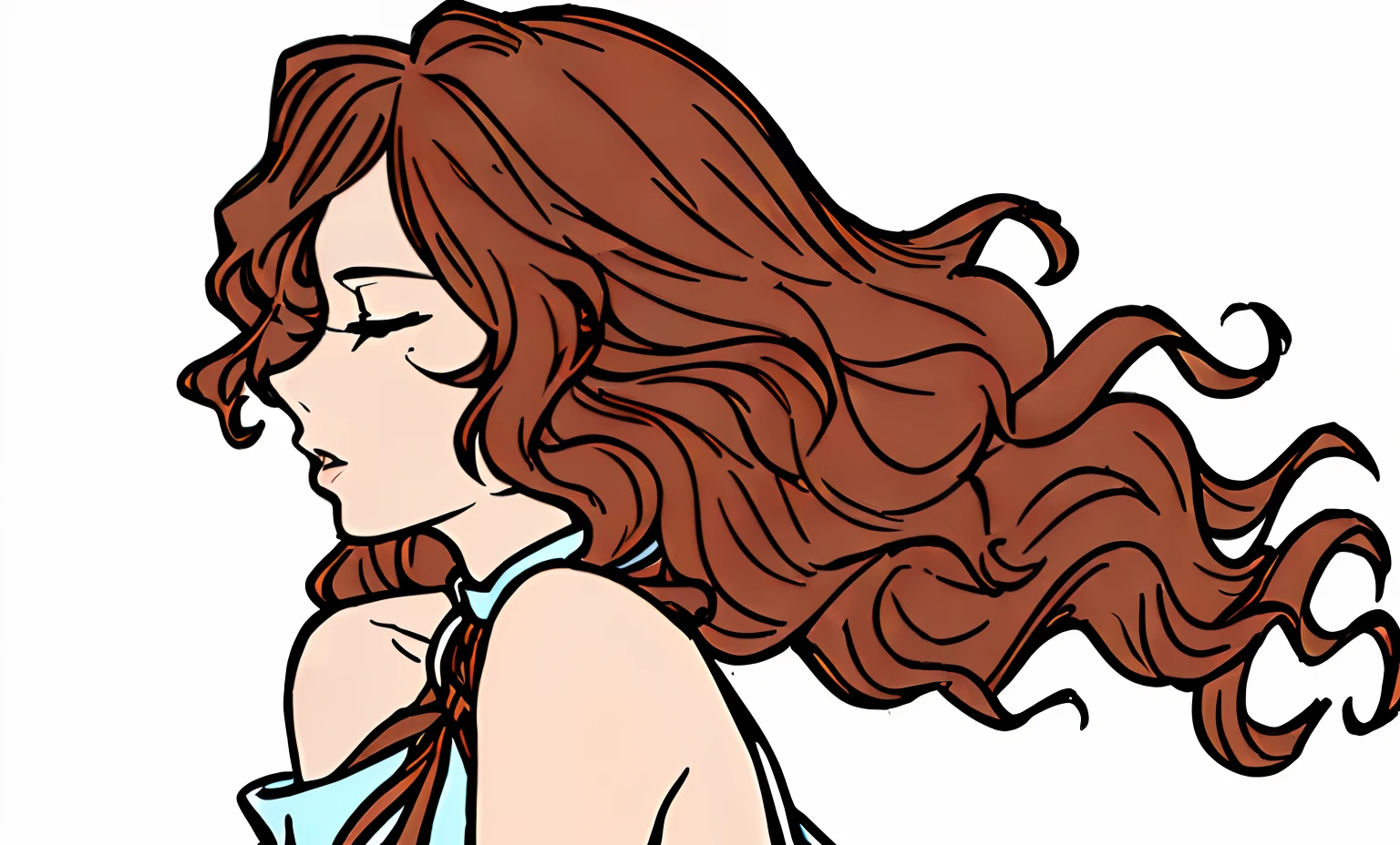 ((1girl, side view face, half face angle, close eyes)), back, bare shoulders, black eyes, dark hair, lips, ((lots of hair, thick hair, long flowing hair, face looking to the left, hair flying to the right,)), lips half-open, portrait, day, solo, ((masterpiece)), white background, (((the hair does not cover the shoulders, the hair does not cover the neck, smooth hair, untie, hair flying upwards:1.5))),