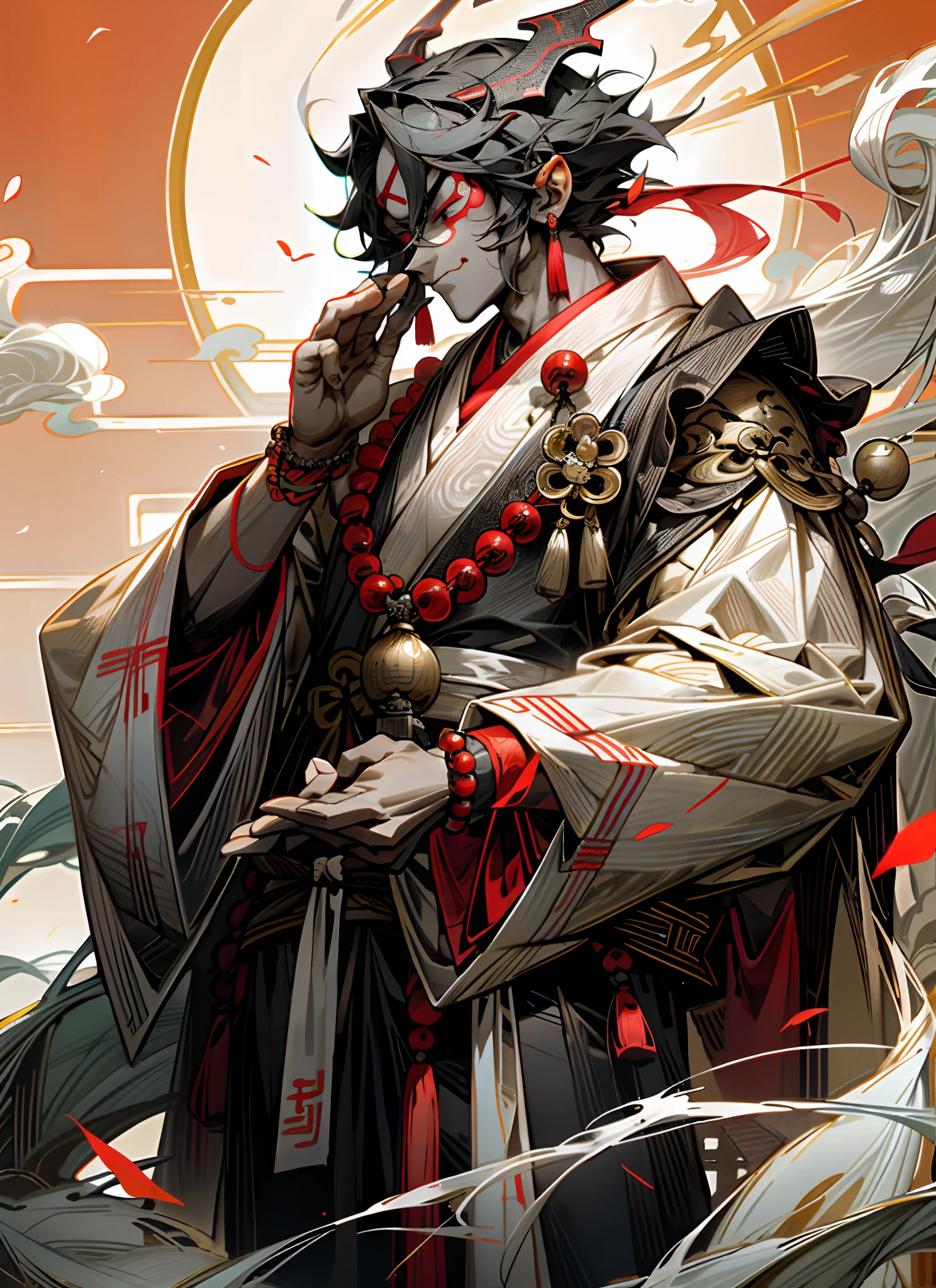 Chinese style,Prayer beads,a Buddhist Buddha,Zen ZEN,1 man with a demon mask,delicated face,wearing a hanfu,It is surrounded by Chinese characters,Surrounded by lightning,There is a divine dragon behind it,Perfect hands,Normal fingers,Palm thunder