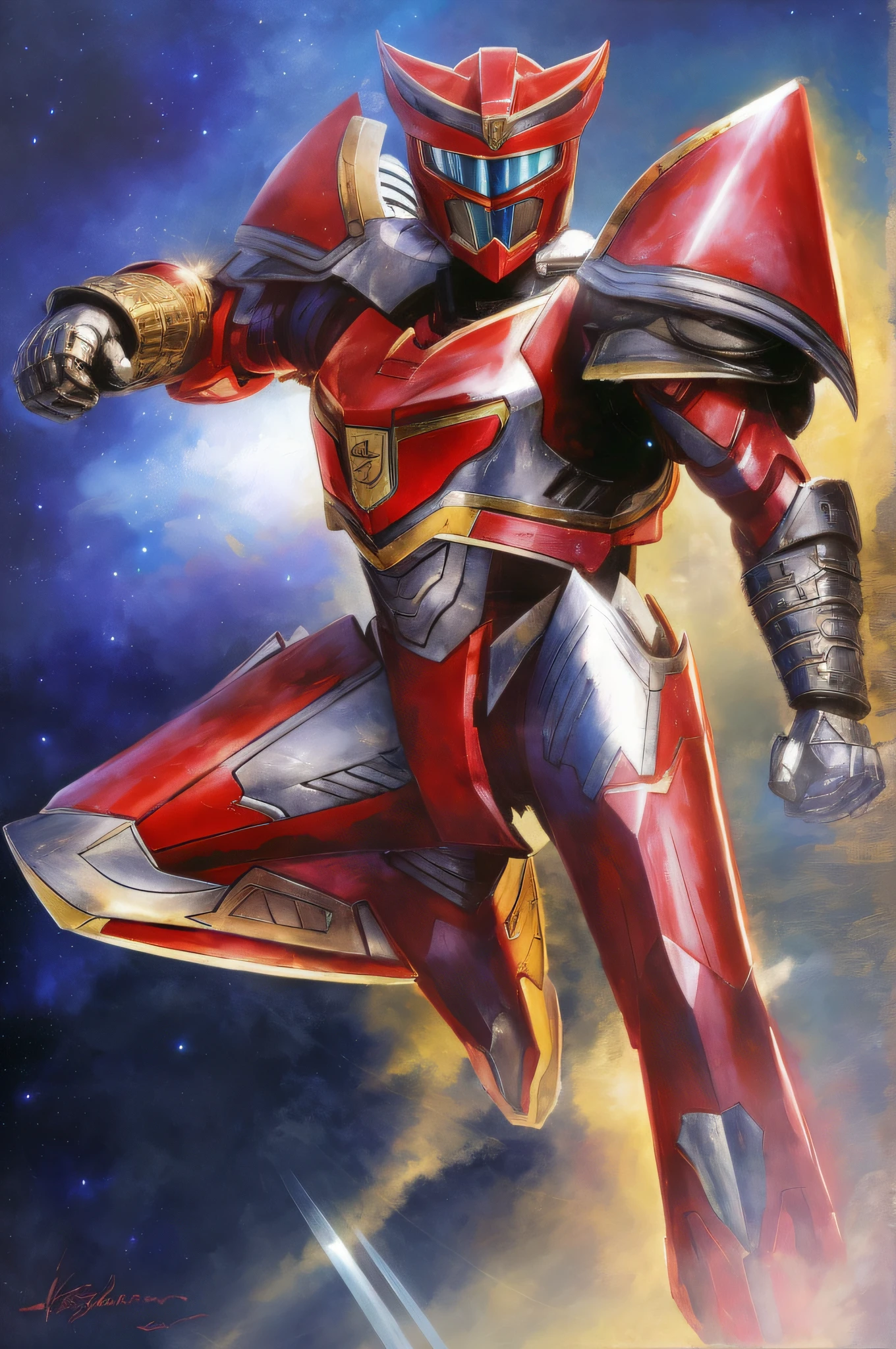 Power Rangers Lost Galaxy, Gingaman, Sixth Ranger, Extra Ranger, Magna Defender, a close up of a red and silver robot with a sword, the secret seventh power ranger, knight armored in red, red armor, power ranger, tokusatsu, high-tech red armor, sakimi, silver armor and red clothing, red heavy armor, getter robo, official art, mazinger, cyber fight armor, cybertronian, fan art