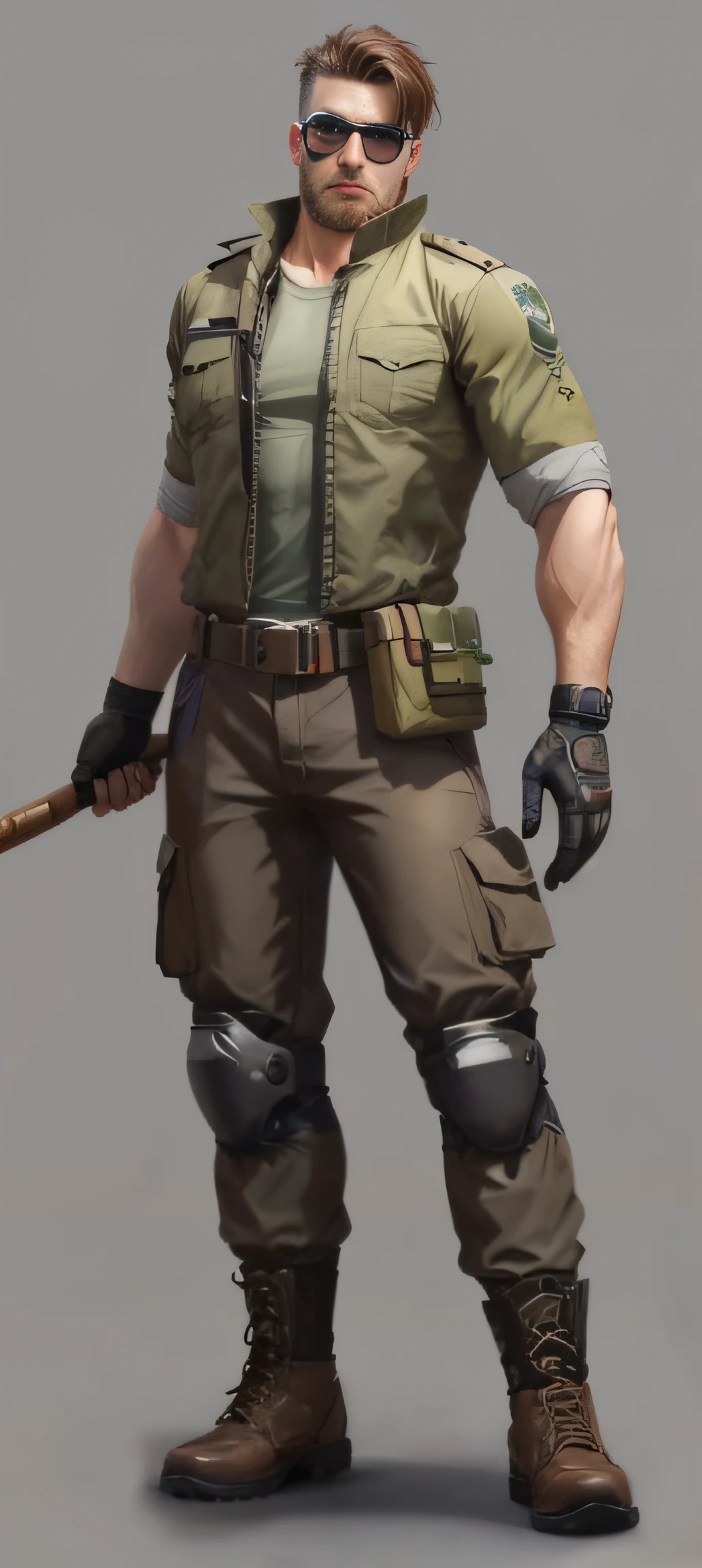 Close-up of a man in uniform holding a baseball bat,(Delicate trouser pleats,) full - body portrait of a ranger, rugged male ranger, kane from command & conquer, Character artwork, Chris Redfield, soldier outfit, male character, rpg character, starfinder character, detailed full body concept art, full body character portrait, realistic character concept, rpg concept art character