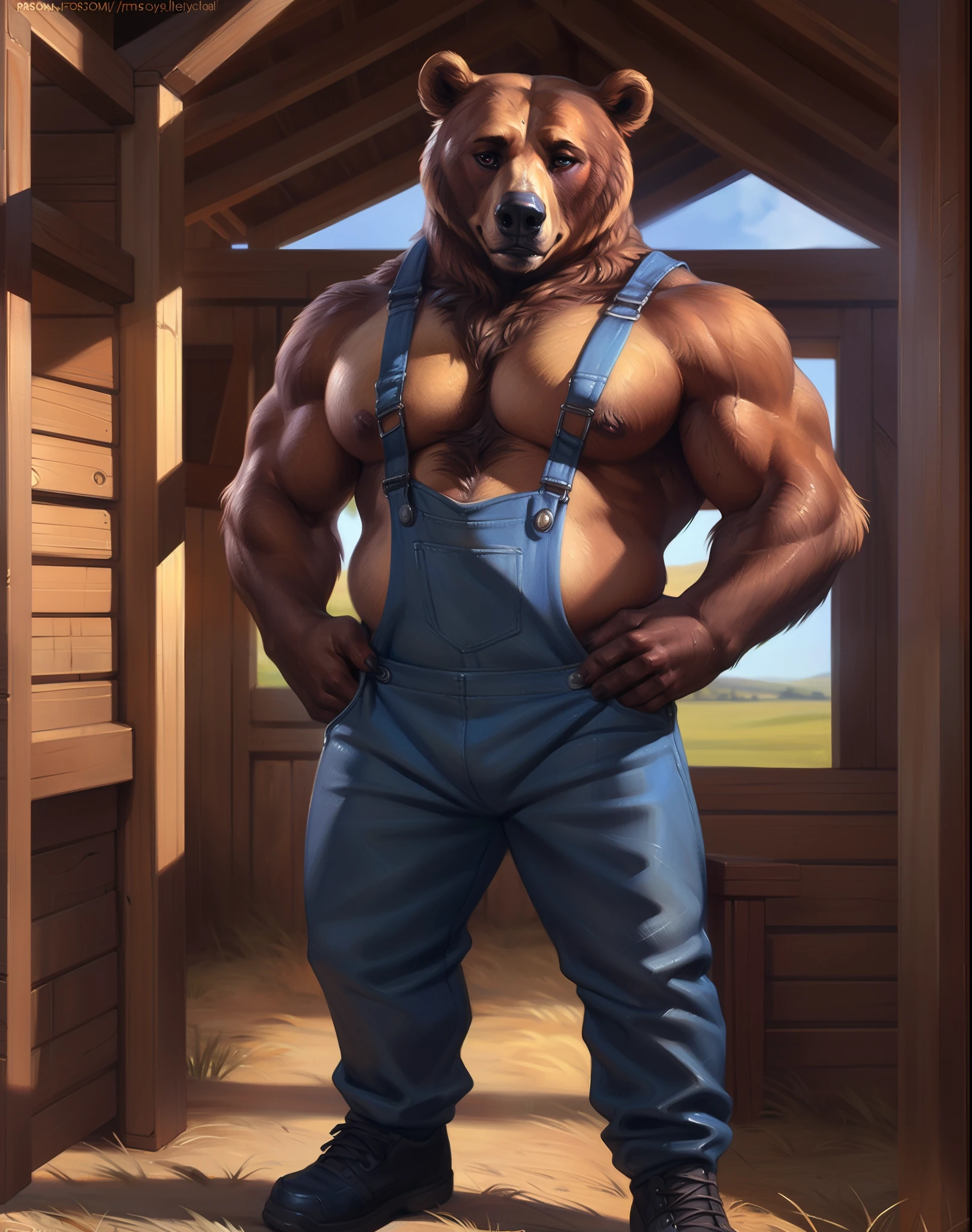 by personalami, by honovy, by thebigslick, by taran fiddler, by pixelsketcher, male, solo, anthro (bear), adult, photorealistic, hyperrealistic, ultradetailed, natural pose, (muscular:1.3), ((standing)), (detailed eyes:1.2), (large pecs:1.2), (detailed background, barn interior), cute eyes, slightly chubby, front view, (beefy:1.3), mechanic, ((overalls with no shirt, black shoes, shy