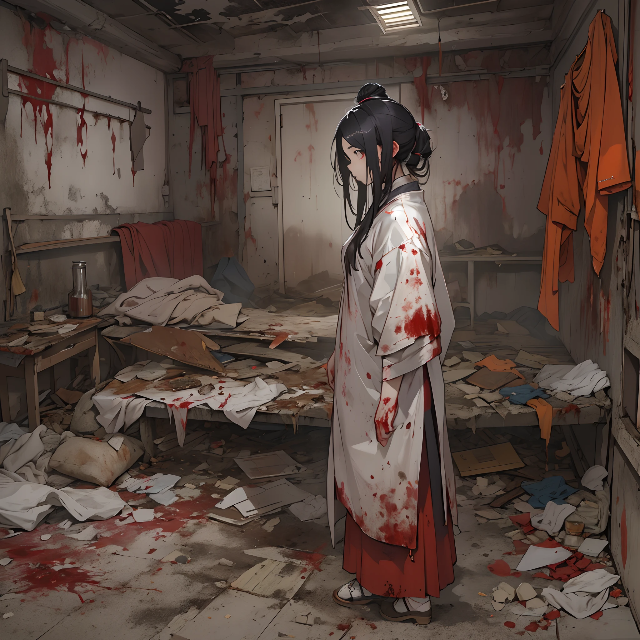 A young female Taoist stood in a dilapidated room, helplessly tidying her clothes. The room was filled with a stifling and heavy atmosphere, with traces of blood still lingering on the walls. She planned to leave this place and go to the victim's home to search for clues.