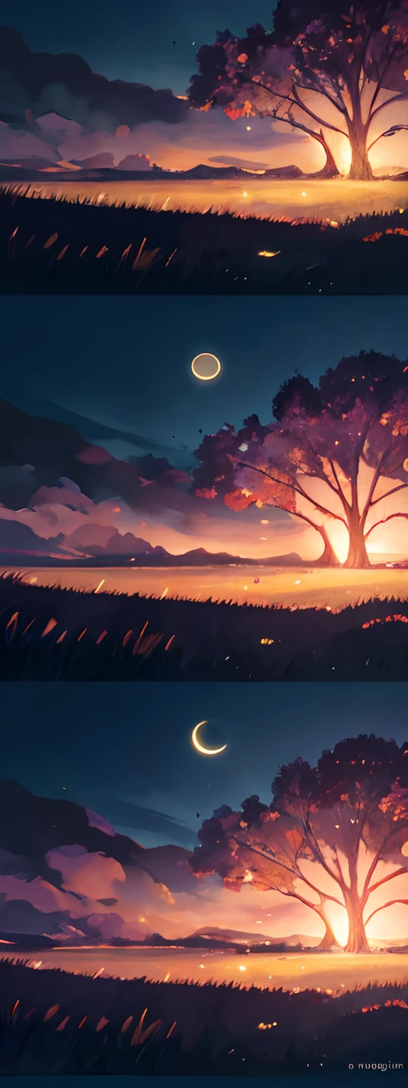 Expansive landscape photograph,(look from down,Above is the sky,Below is an open meadow),A boy standing on the grass looking up,(moon full:1.2),(meteors:0.9),(Starcloud:1.3),Far Mountain, Tree BREAK making art,(Warm light source:1.2),(glowworm:1.2),lamp lights,Lots of purple and orange,Complicated details,Volumetriclighting,Realism BREAK(tmasterpiece:1.2),(best qualtiy),4k,Ultra-detailed,(dynamic compositions:1.4),The is very detailed,Colorful details,(Irridescent color:1.2),(luminouslighting,Atmospheric lighting),dream magical,magical,(独奏:1.2)