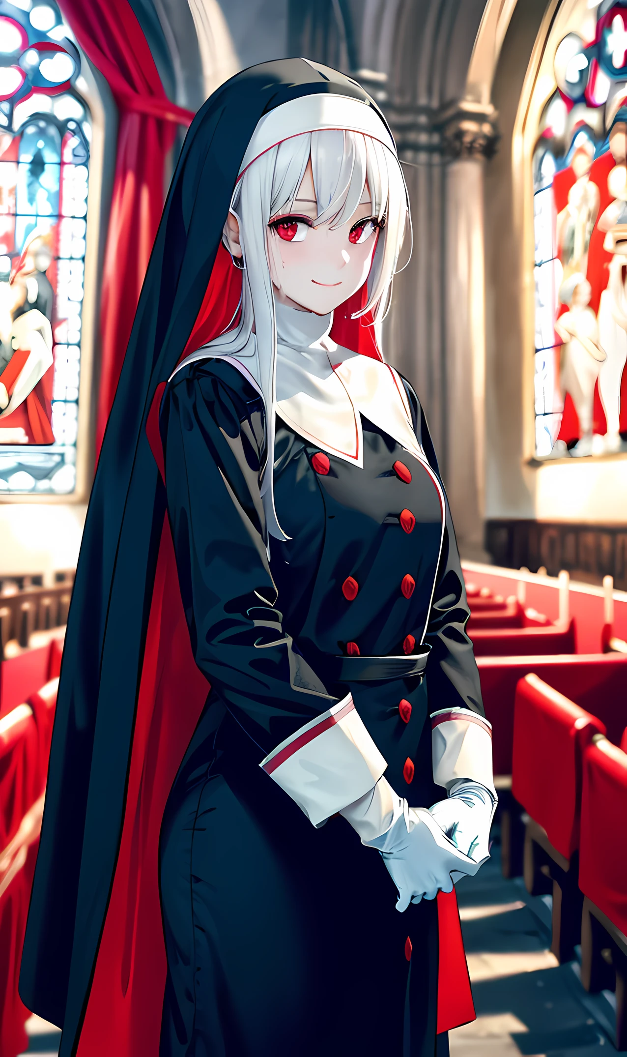 nun, standing with red liquid on her face, The girl stands and looks at the camera, red liquid on the face , A veil on his head, Hair yellow, white gloves, Master Works, The best picture quality, high detail, Ultra-high resolution, 8K resolution, ((Графика 8k)) High-quality detailed graphics, ((Masterpiece)), Top Quality, accuracy, ((((super detaill)))), wound, Bleeds, frontal view, is looking at the camera, psyche, ssmile, red-eyes, church background, church,