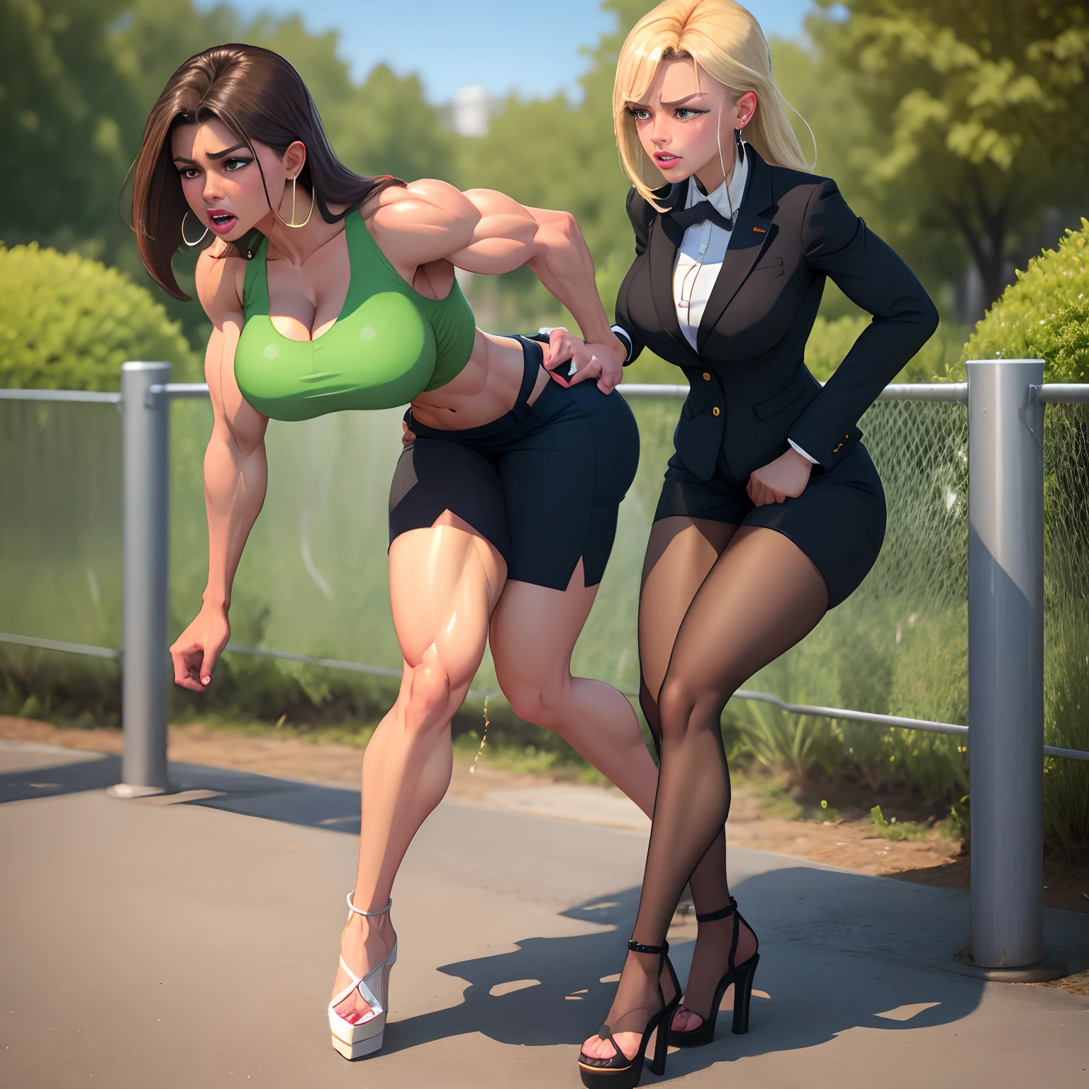tanned Brazilian woman, dark-skinned girl, Two girlfriends, muscular legs, muscular calves, Strong legs, muscular hips, wide thighs, Curvy hips, high-heeled sandals, tights in a net, Stiletto heels, Women's business suit with short shorts, large ring earrings, He really wants to pee, running through the park, Leg by foot, wants to pee, desperately wants to pee, wants to urinate, An expression of shame on his face, confusion, crying, He pinches the crotch with his hand, Palm on stomach, crumples the hem of the skirt with his hands, Knees clenched, Hips clenched, Tense posture, bites his lower lip, full bladder, terribly wants to go to the toilet, anatomically correct, Realistic,