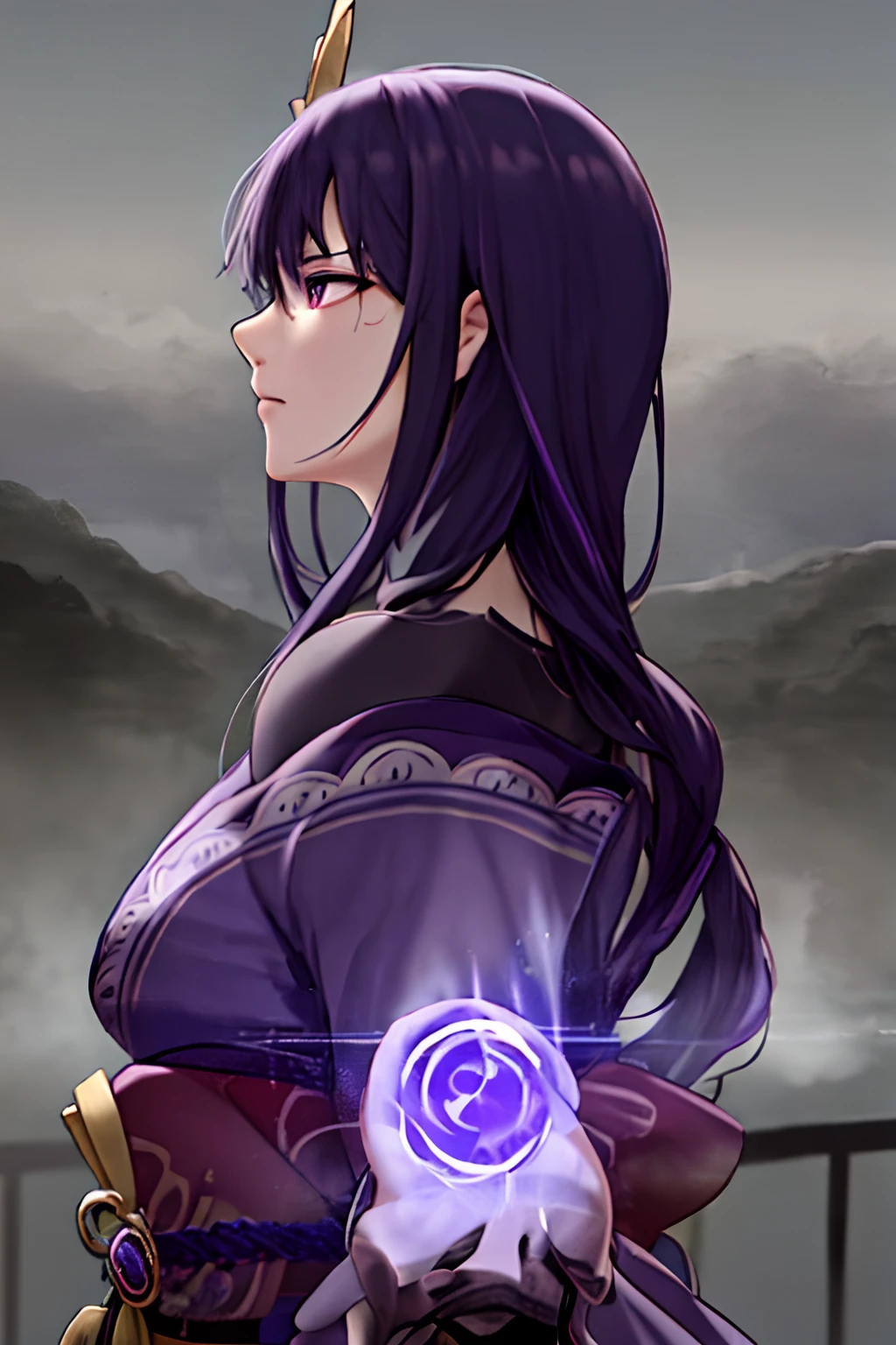 portrait of shogun, raiden_shogun_\(genshin_impact\), [[from_below]], purple_hair, kimono, serious, ominous, dominating, indifferent, volumetric lighting, best quality, masterpiece, intricate, volumetric lighting, cinematic, 8k, cinematic lighting, masterpiece, perfect, intricate details, tonemapping, realistic
