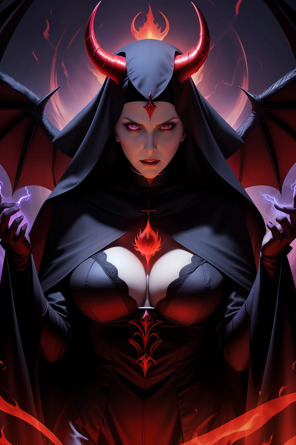 Julia Ann: The evil nun, Demon horn, Demon wings on the head , an evil red glow emanating from her, his hands preparing a purple ball of fire, diabolique, insidieux, Context of the Satanic Church