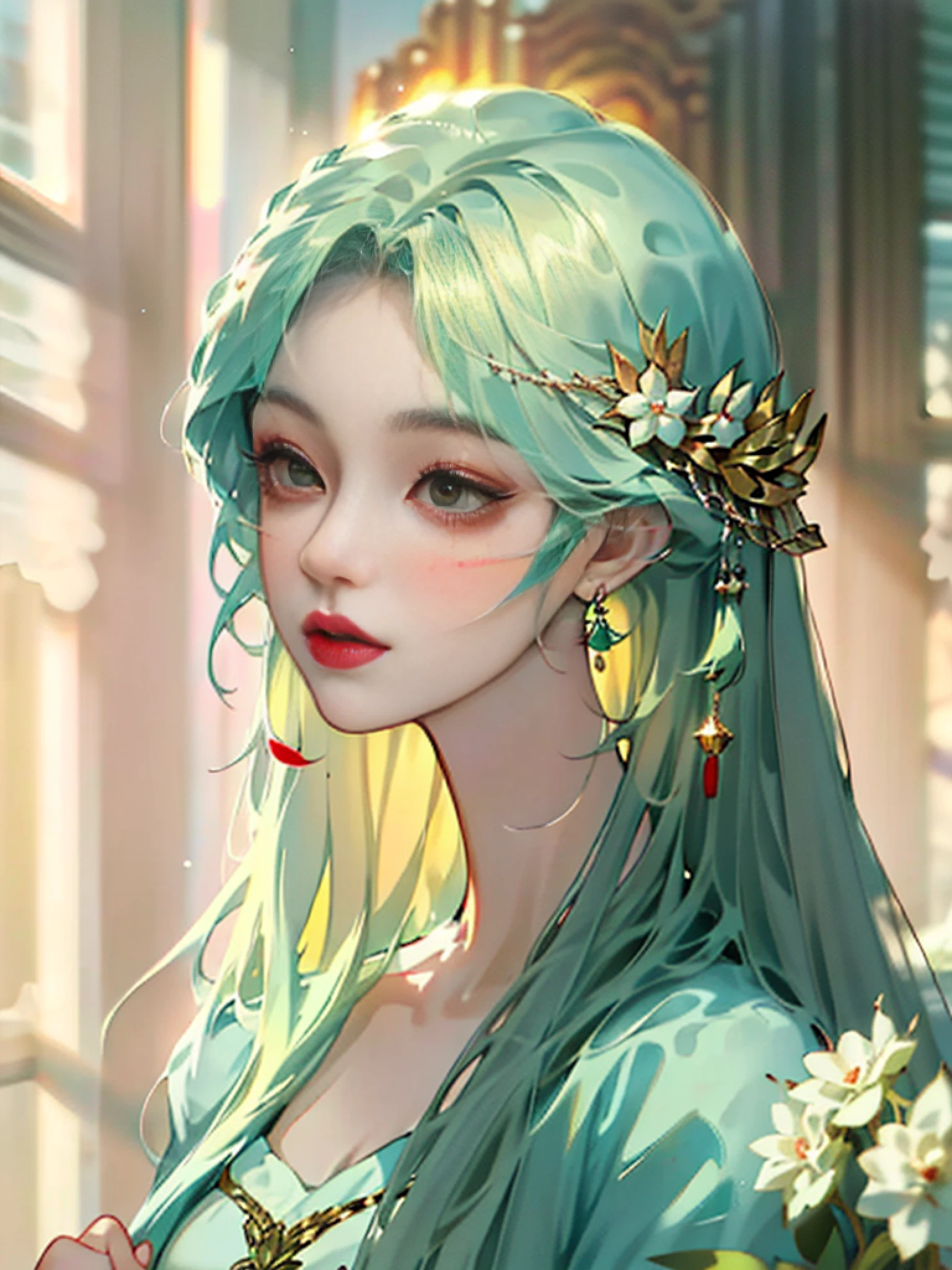 Long Light Hair,close to face,Chinese big eyes girl with lipstick on her lips, Realistic scene style, Light green and light maroon, Bouquet in hand,Wearing a veil,I can't believe how beautiful this is, pixar-style, pixar-style, pixar-style, pixar-style,Light white and light green, cartoon character