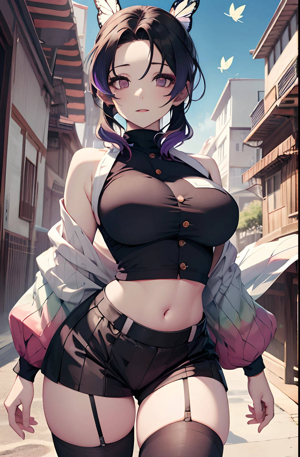 masutepiece, Best Quality, hight resolution, 1girl in, 独奏, kochou shinobu, Decorate your hair with butterflies, violet eyes, Multi-colored hair, Short hair, Parted bangs, Short shorts, open one's legs, Skirt, Turtleneck Top, Navel Ejection, outside of house, Erotica, large full breasts, Body line, the beach, Black pants, teats