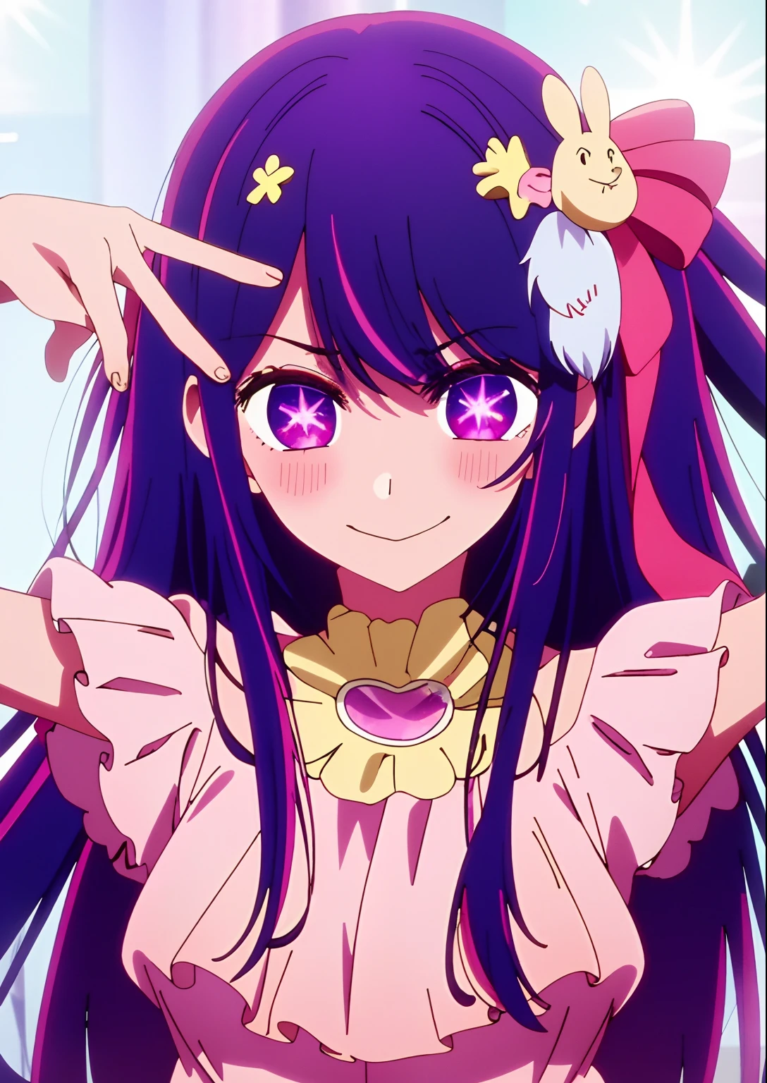 masterpiece、ighly detailed、(1 girl in:1.2)、purple color hair、pink dress、big eye、a closeup、A smile、8K、Ai Hoshino、Live performance venue、
