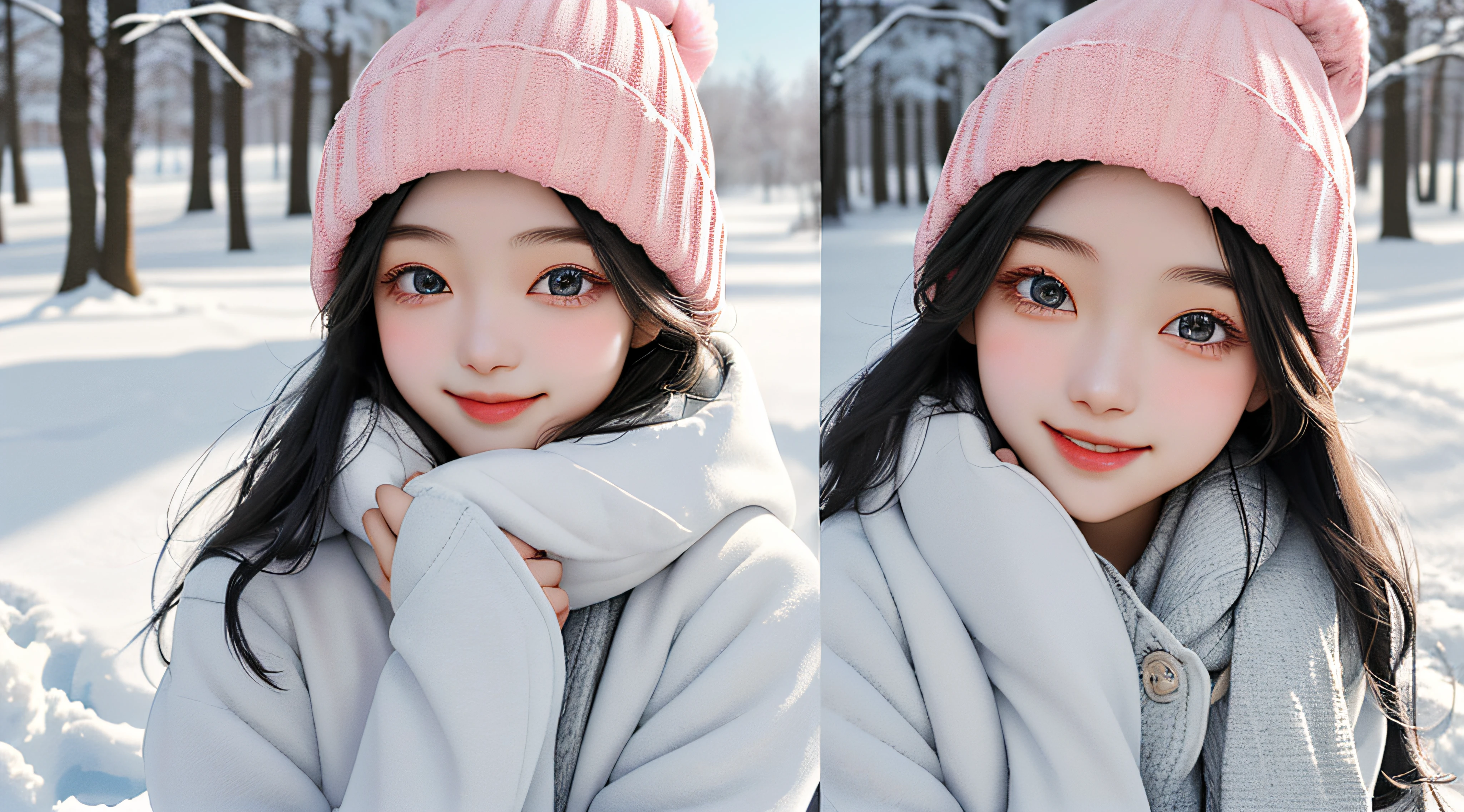 Winter sunshine,heavy snowy,The sky is white and flawless,White snowflakes fell to the ground。The cold winter sun shines like silver,It adds a touch of coolness to the whole scene。On this beautiful winter day,There is a cute sweet girl of eighteen years old,She has long black hair,wearing beanie,A strand of soft hair poked out of the brim。Girl wearing pink down jacket and boots,Show her young and lively side。
In the white snow,She stood quietly among the snowflakes,Snowflakes fell gently on her hair and shoulders。Her thick eyebrows and big eyes revealed a hint of shyness,The cheeks are slightly red from the cold。The girl smiled and looked at the audience,Her smile is gentle and sweet,Warm as the winter sun。She naturally clasped her hands together,Show her confidence and beauty。
Her smile reveals a glow of happiness,Like a glittering snowflake。Flawless teeth shine in a smile,It glows white。On this beautiful winter day,She became the brightest presence in the audience。The youthful vitality and innocence radiating from her,Make people fall in love with it,It's as if you see the infinite beauty of winter。
