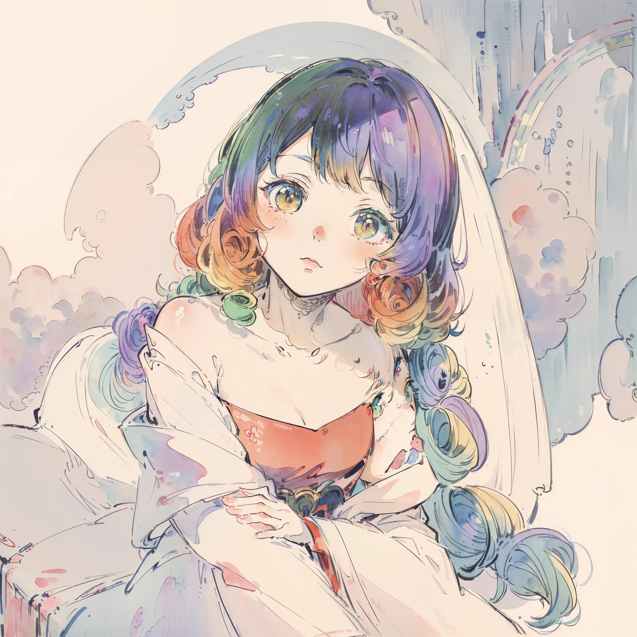 Yumekawa 、Cute as a dream、a pale、Moya、rot(​masterpiece、top-quality、top-quality、watercolor paiting(Curly)、Take a cute cat、Official art、Beautifully Aesthetic:1.2)、(a beauty girl:1.3)、patterns、(rainbow-colored hair、colourful hair:1.2)、