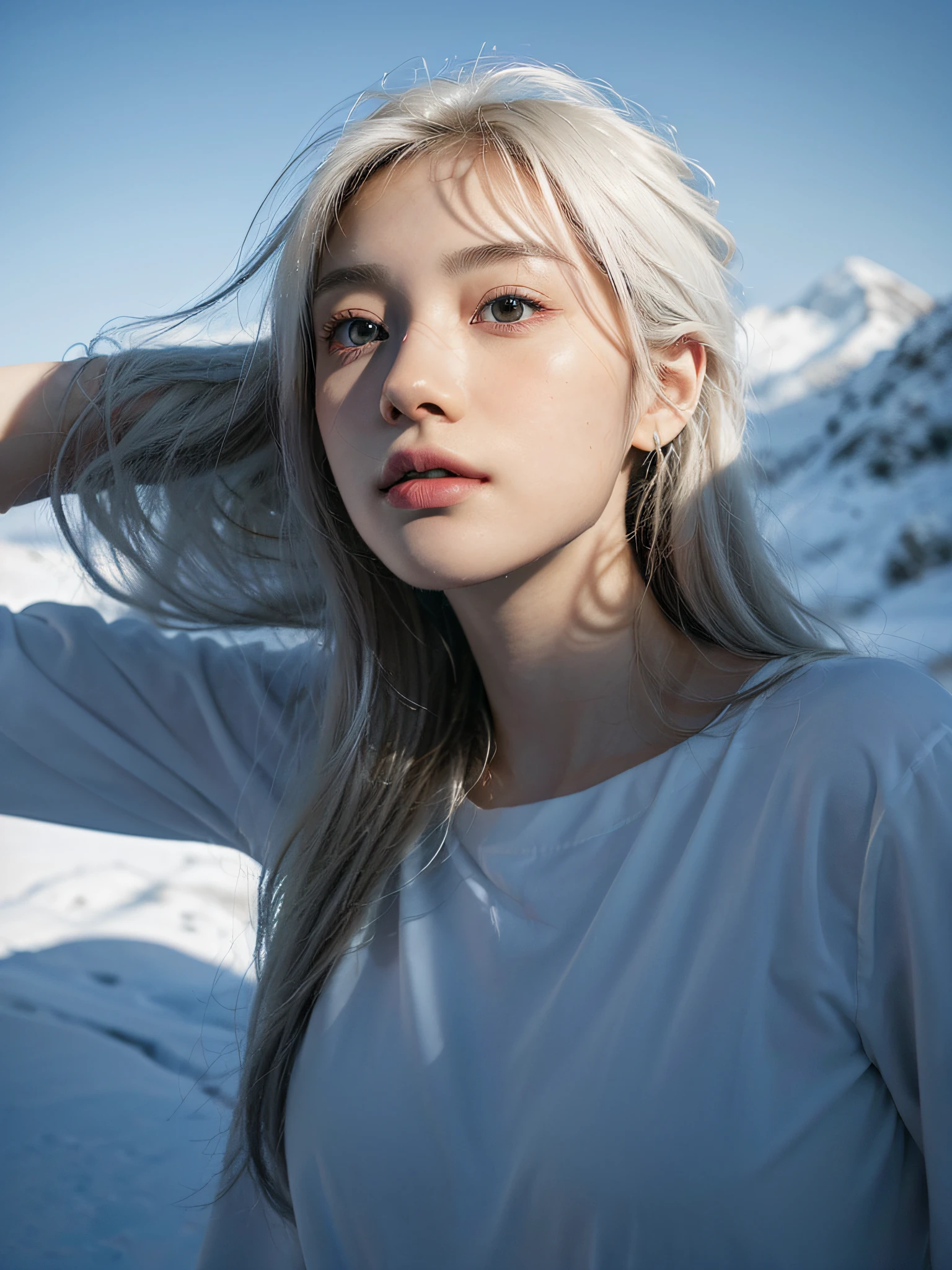 ((Pure beauty:0.8+ultra-realistic realism:1.2),White skin texture:1.2,eyes with brightness:1.1),lightand shade contrast:1.1,high textured:1.1,Picture quality:Ultra HD:1.3,The upper part of the body,tall nose bridge,dynamic angle,Clouds and mountains,Flower field in the foreground,Light tracing,realisticlying,offcial art,Unity 8k壁纸,ultra - detailed,Beautiful and beautiful,tmasterpiece,best qualityer,Glowing skin,cinmatic lighting。