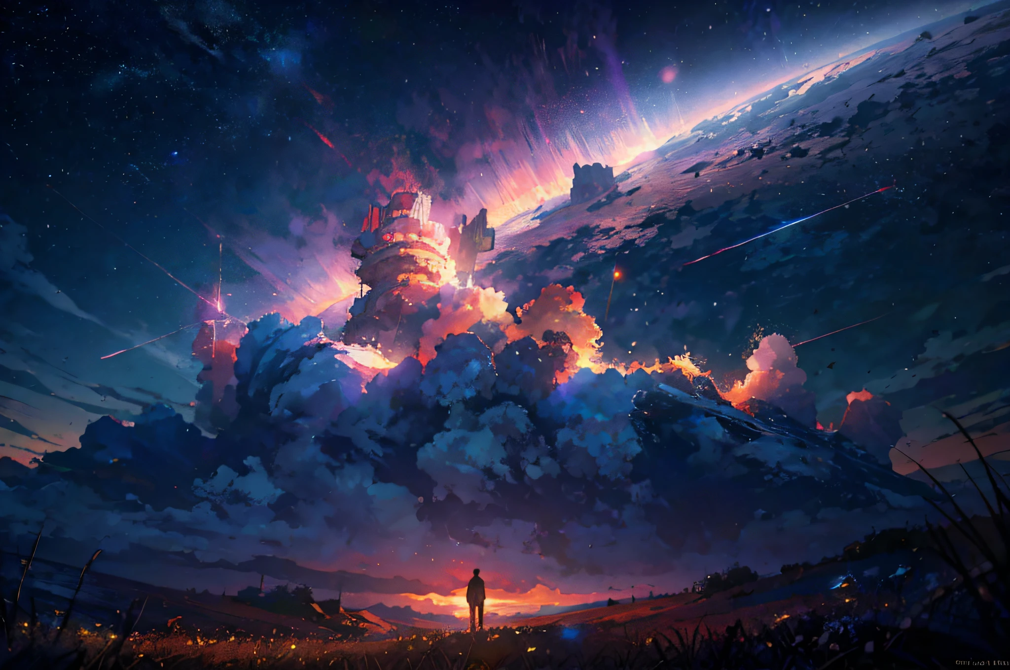 a man standing on a hill looking up at the sky with a huge cloud, epic stunning atmosphere, Artgem e Beeple Masterpiece, bipe de recuo, Greg Beeple, arte do bipe, Obra-prima Beeple, paper awesome wallpaper, Artem Demura Beeple, arte do bipe, realismo | bipe, Nuvens espaciais