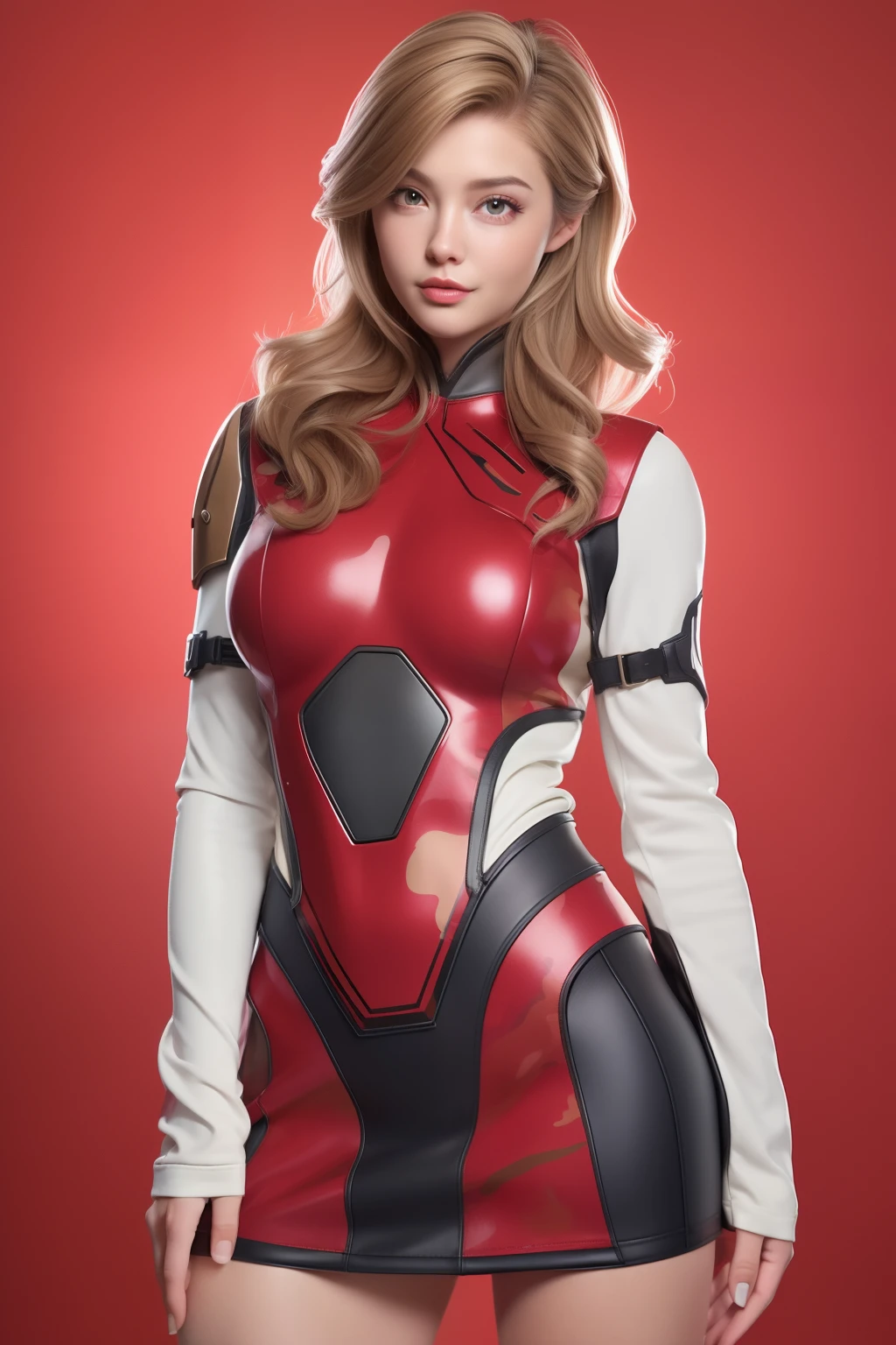 Beautiful Face Woman、a blond、Red camouflage pattern background、 Beautuful Women、18year old、prety woman、hyper realistic photography、High-definition photos、red lipsticks、Mandalorian style miniskirt suit in metal armor、The skin is not very exposed、Do not cut your head off the screen、Camouflage skirt、Facing the front、
