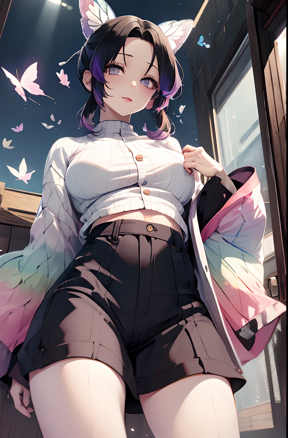 masutepiece, Best Quality, hight resolution, 1girl in, 独奏, kochou shinobu, Decorate your hair with butterflies, violet eyes, Multi-colored hair, Short hair, Parted bangs, Short shorts, open one's legs, Skirt, Turtleneck Top, outside of house, Erotica, large full breasts,low angles