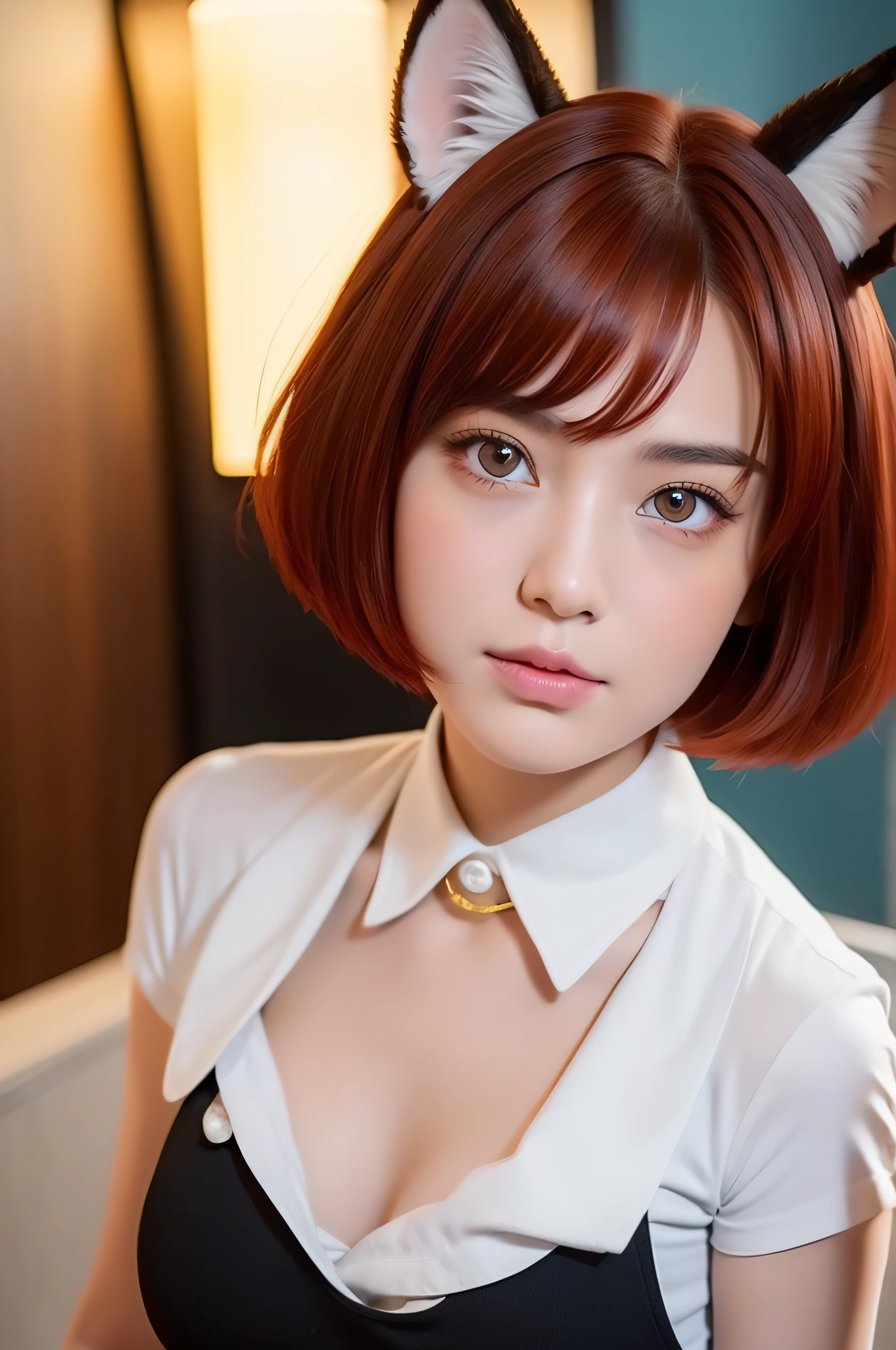 A 18 years old girl with short red hair, wolf ears, child face, golden eyes