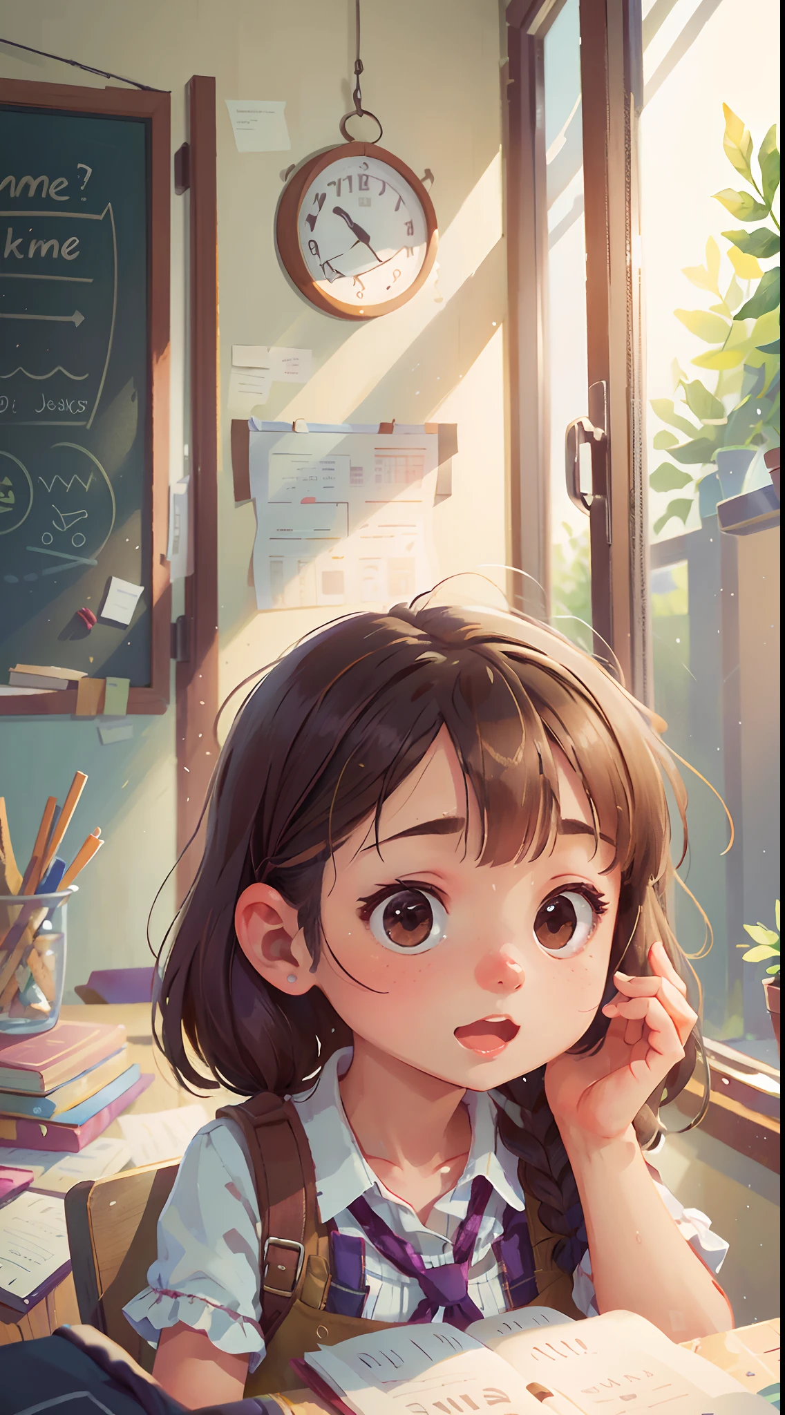 Girl, Classroom, Summer, Perfect quality, clear focus (clutter - home: 0.8), (masterpiece: 1.2) (Realistic: 1.2) (Bokeh) (Best quality) (Detailed skin: 1.3) (Intricate details) (8K) (Detail Eyes) (Sharp Focus), (Happy)