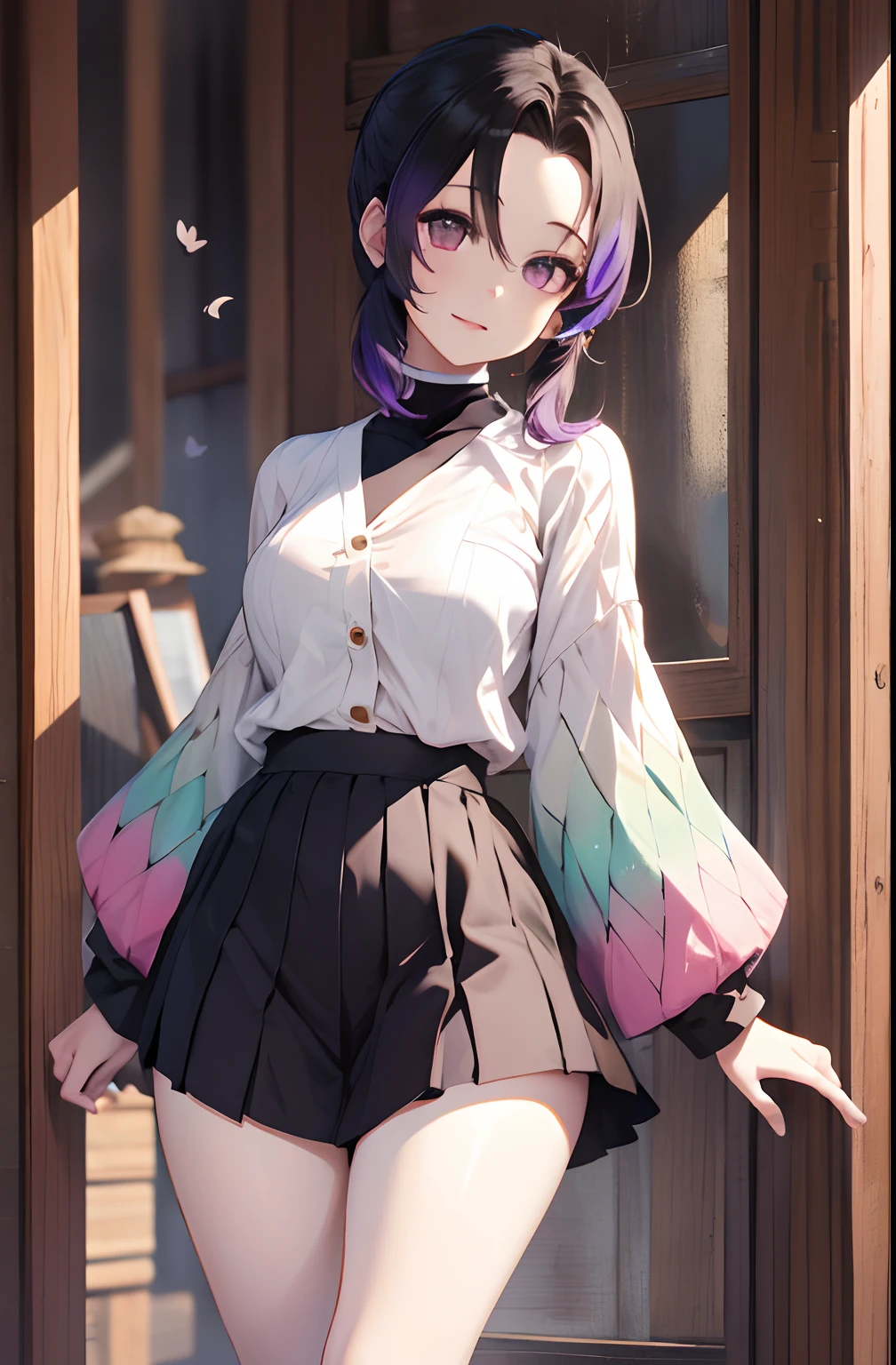 masutepiece, Best Quality, hight resolution, 1girl in, 独奏, kochou shinobu, Decorate your hair with butterflies, violet eyes, Multi-colored hair, Short hair, Parted bangs, Short shorts, open one's legs, Skirt, Turtleneck Top, outside of house, Erotica, large full breasts,low angles