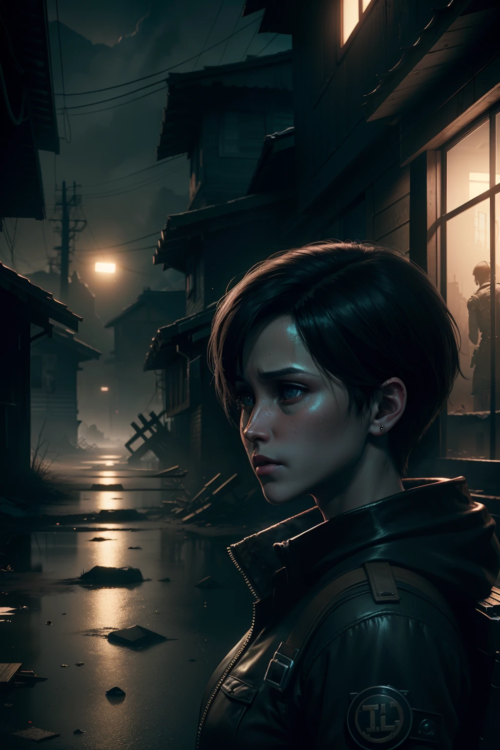 (close up), Ryan Gosling and Ada Wong in an abandoned northern village, Unreal Engine 5, Lumen ray tracing, RTX, 3D-shaded, (horror), (abandoned village background), ((desaturated colors)), night, (deep black), (spotlight), (dramatic lighting), eerie, detailed
