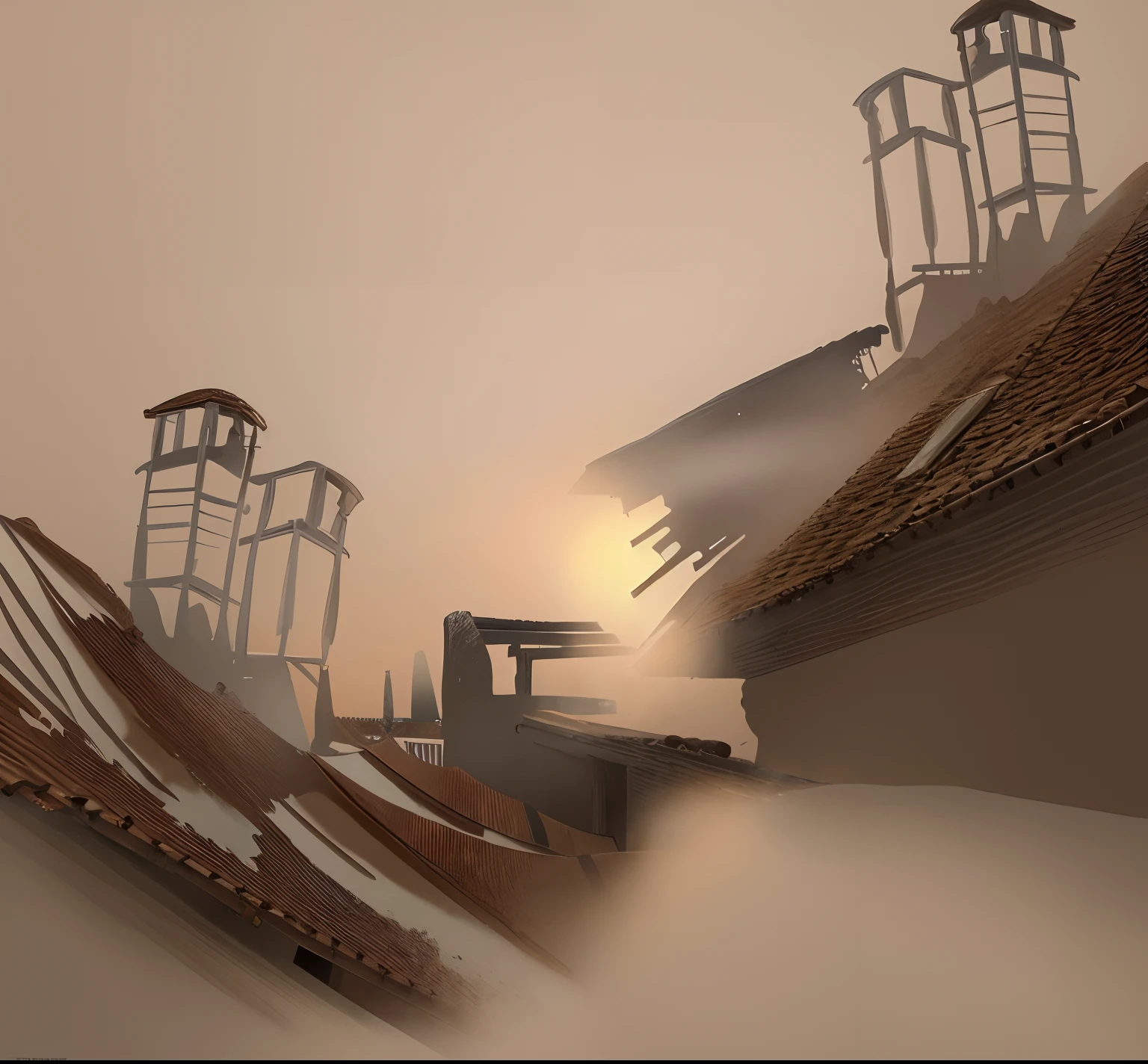There is a drawing of the roofs of old houses, roofs of old houses, which offer a view of the gateways, concept illustration
