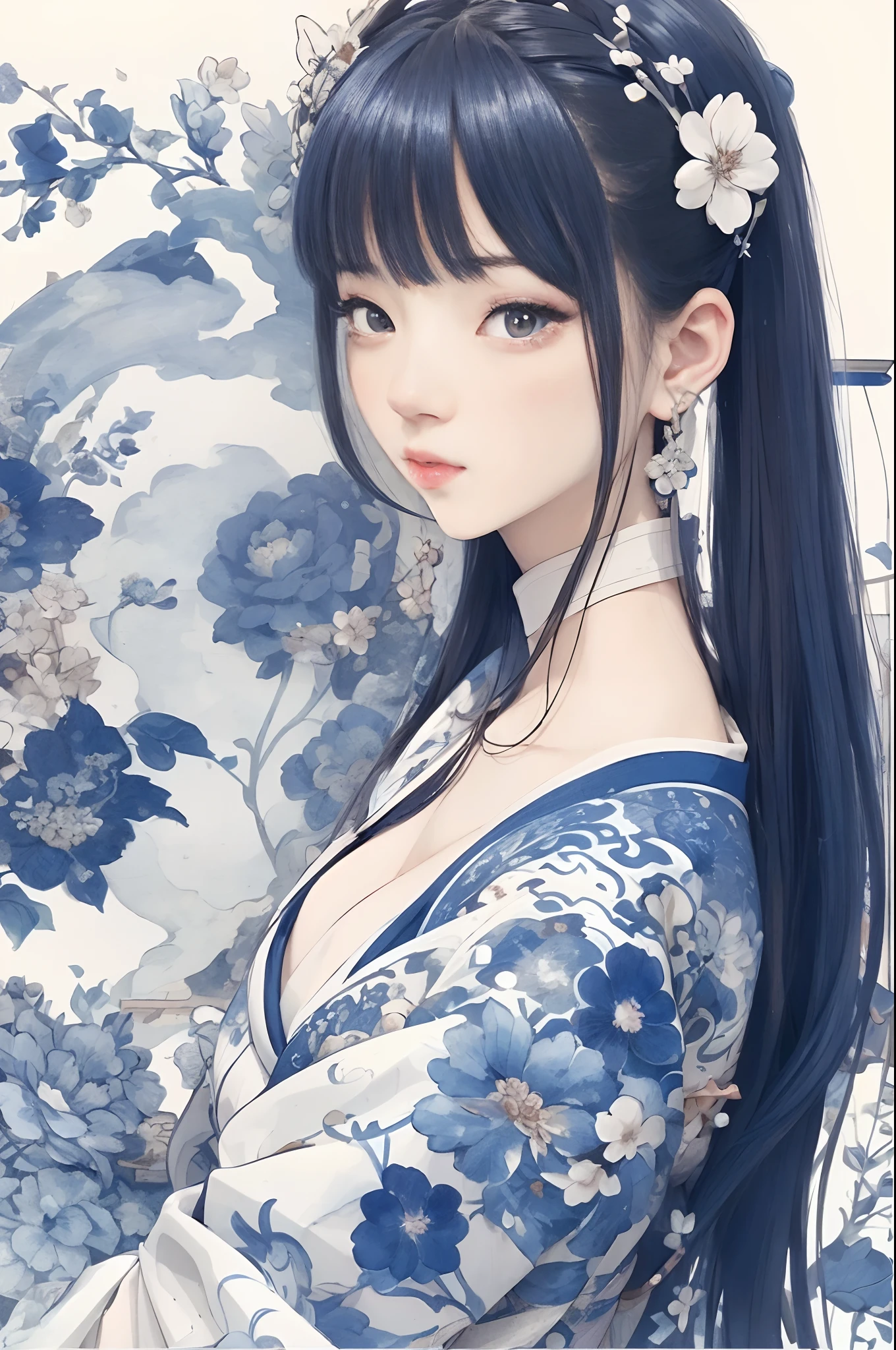 a drawing,A blue and white dress,Woman with flowers on hair,Blue and white porcelain style,hanfugirl,Japan Art Style,ancient china art style,Belle peinture de personnage,Chinese painting style,It has an ancient Chinese aesthetic,Chinese style,A beautiful artwork illustration,Traditional Chinese art,Oriental art style,Blue and white porcelain exhibition,Beautiful anime portrait character composition in the lower left corner,The upper right corner is decorated with a blue and white porcelain background,(Defocus,Out of focus,softlighting,电影灯光,Skylight,hyper HD)