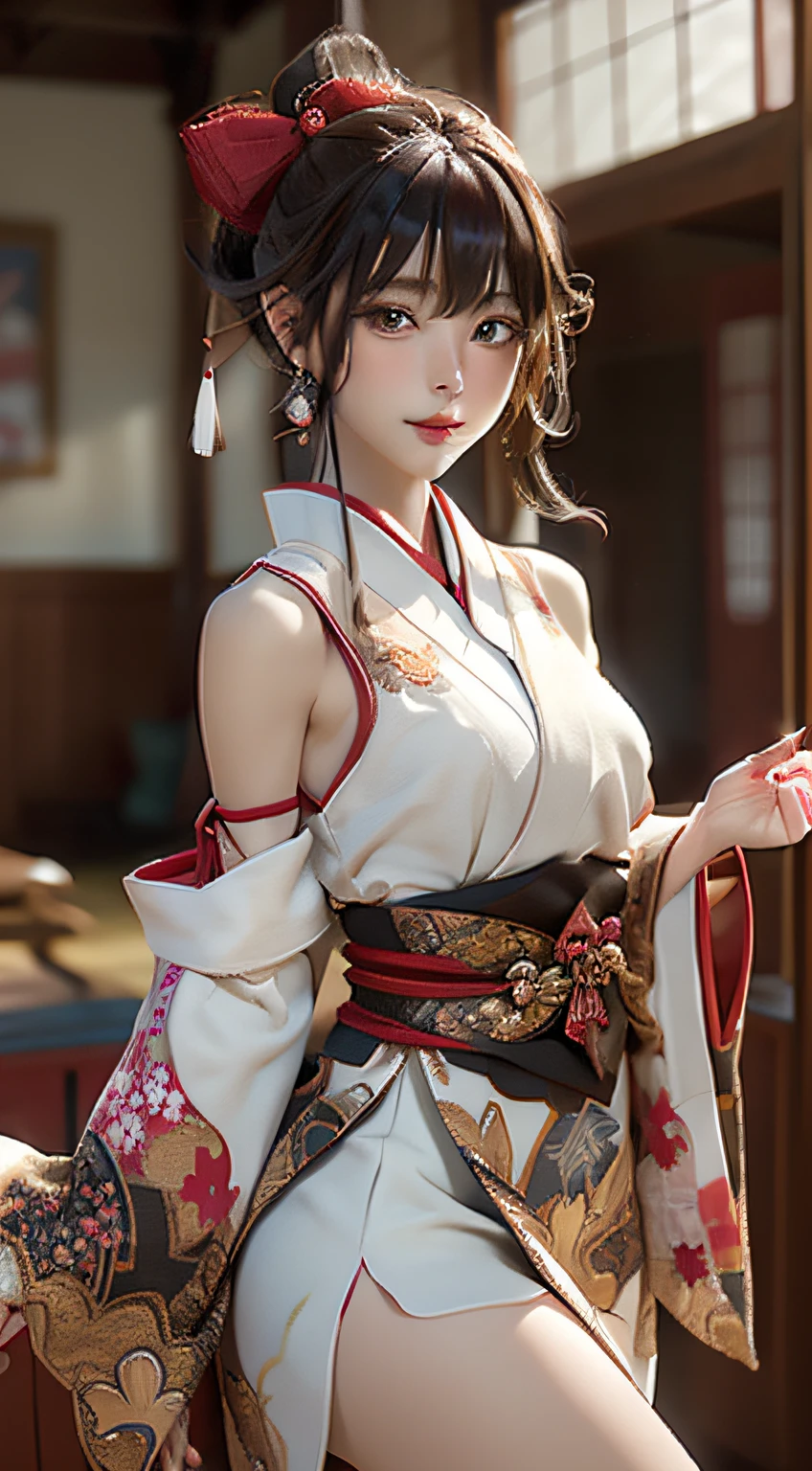 Official art, 统一 8k 壁纸, ultra-detailliert, Beautifully Aesthetic, masterpiece, top-quality, (Zentangle, Tangles, Entanglement), (Fractal Art: 1.4), 1girl in, A dark-haired, japanse, bare shoulders, a short skirt, Calf, a navel, ighly detailed, dynamic ungle, cowboy shot, (The most beautiful forms of chaos), A flowing, (bright colour), nffsw, (half: 1.2), japanese-inspired, (Tanka Flying Sky: 1.5), (bow ribbon: 1.3), (Dreams: 1.5), (Han Feng: 1.5), Japan Phoenix、(A smile:0.5)、(japanese god)、