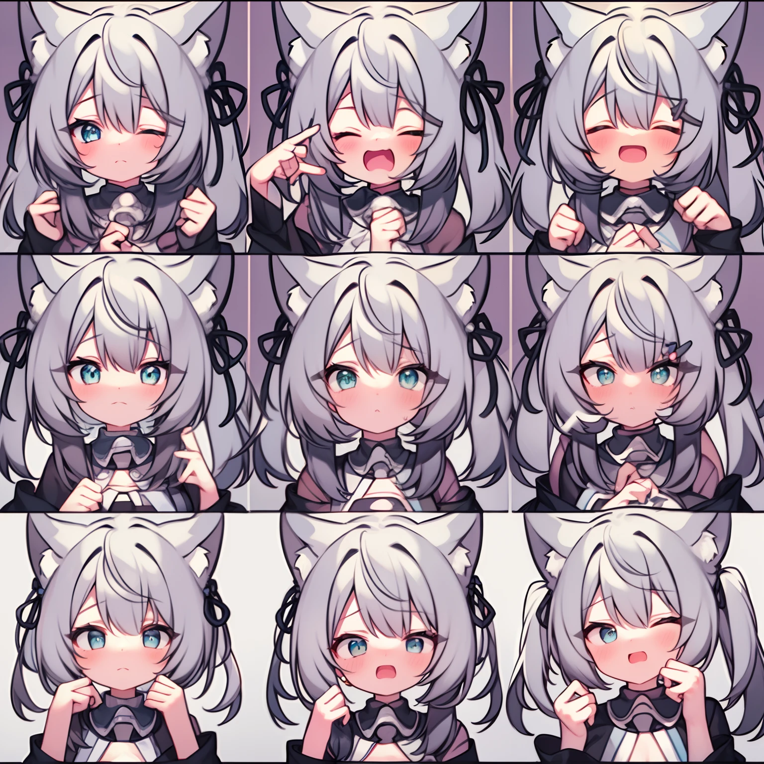 Cute girl avatar,Off-white hair,Cyan eyes,Both ears have black bows,Emoji pack,9 emojis,emoji sheet of,Align arrangement,multiple postures and expressions(grieves,astonishment,having fun,exhilarated,big laughter,Touch your head,Sell moe, wait),Anthropomorphic style,Disney style,Black strokes,Different emotions,multiple postures and expressions,8K,