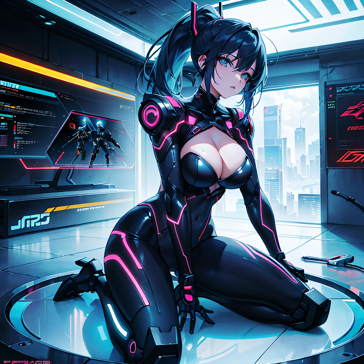 Images of erotic beautiful cyberpunk women,nffsw(HighDynamicRange),Ray traching,PBR Texturing,Anisotropy Filtering,depth of fields、tits out、Cyberpunk、cleavage of the breast、Beautifully shaped breasts、Beautiful raw boob shapes、Orange Mechanical Suit、Near Future Cyber Suit、Black Cybersuit、Orange erotic costume、highleg、Night Cyber City、Cyber City、Thin leg、Raw feet、Skin revealing、Riding a robot、Blue-haired、Blue hair ponytail、blue eyess、Blue Eye、Open your mouth slightly、all-fours、Put your hands on the floor