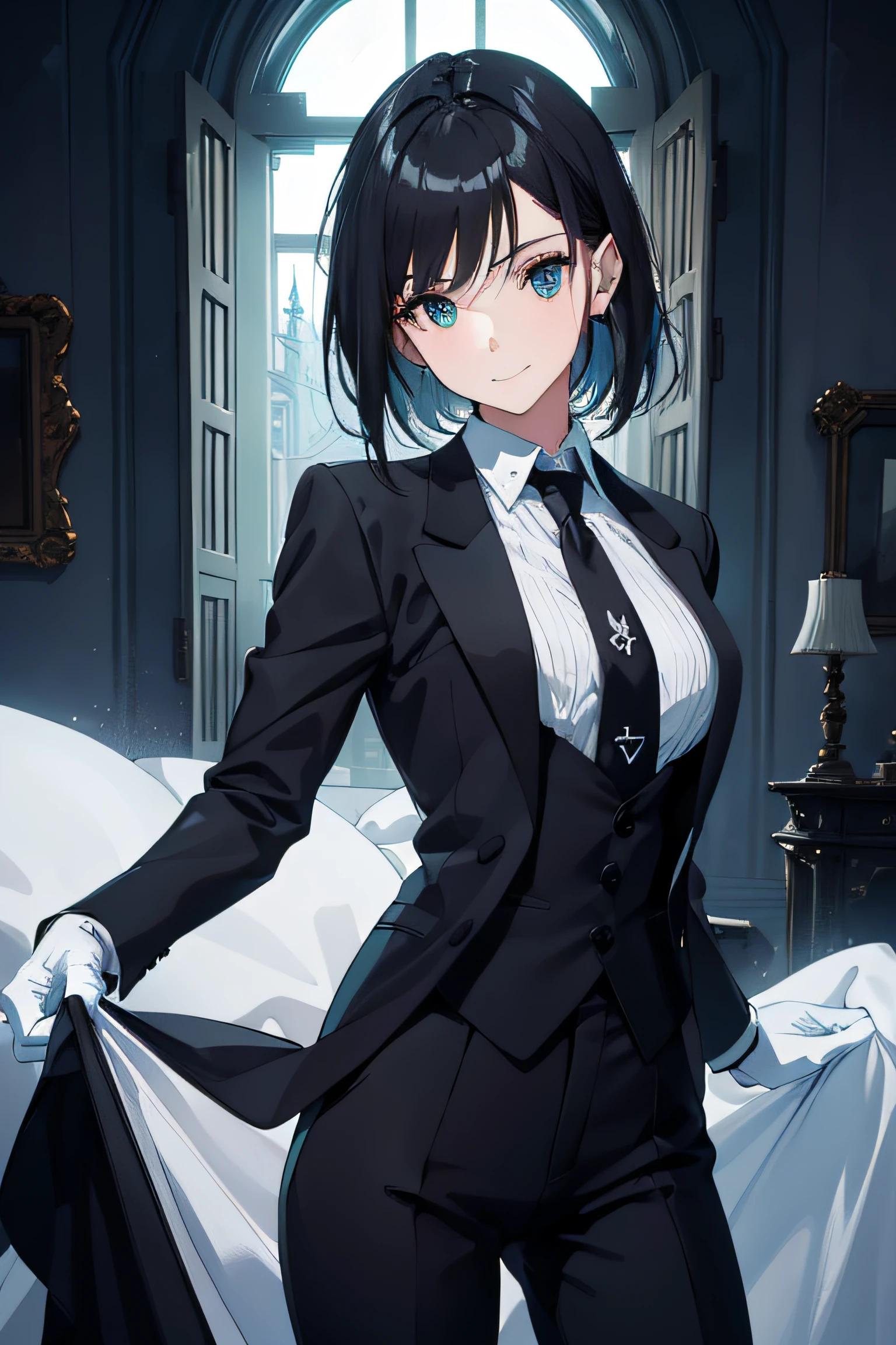 1girl, white skin, HDR, UHD, 8K, best quality, masterpiece, Highly detailed, ultra-fine painting, Vivid Colors, Cinematic Lighting, slender, head tilt, aqua eyes, seductive smile, straight hair, medium hair, (black hair), (human), (tuxedo), long pants, black pants, butler, cool+, tie, white gloves, plains, castle
