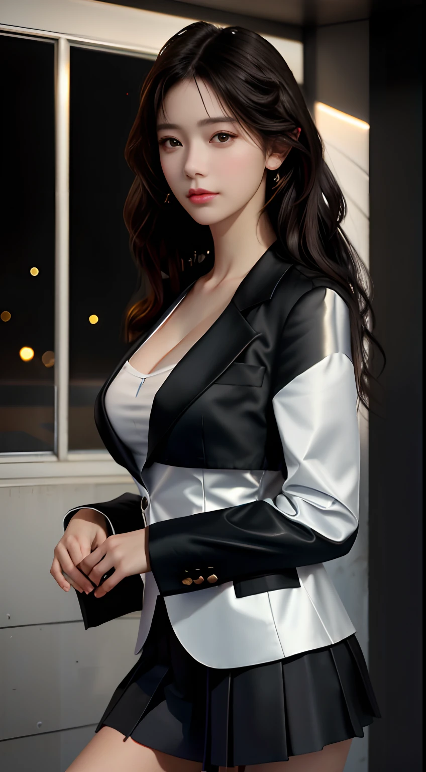 best quality, masterpiece, 1girl, Beautiful face, (photo realistic:1.3), rim lighting, (high detailed skin:1.2), 8k uhd, dslr, high quality, high resolution, 4k, 8k, Bokeh,  absurdres, best ratio four finger and one thumb, (realistic:1.3), cute 1girl, wearing black formal blazer, medium breasts, short skirt,