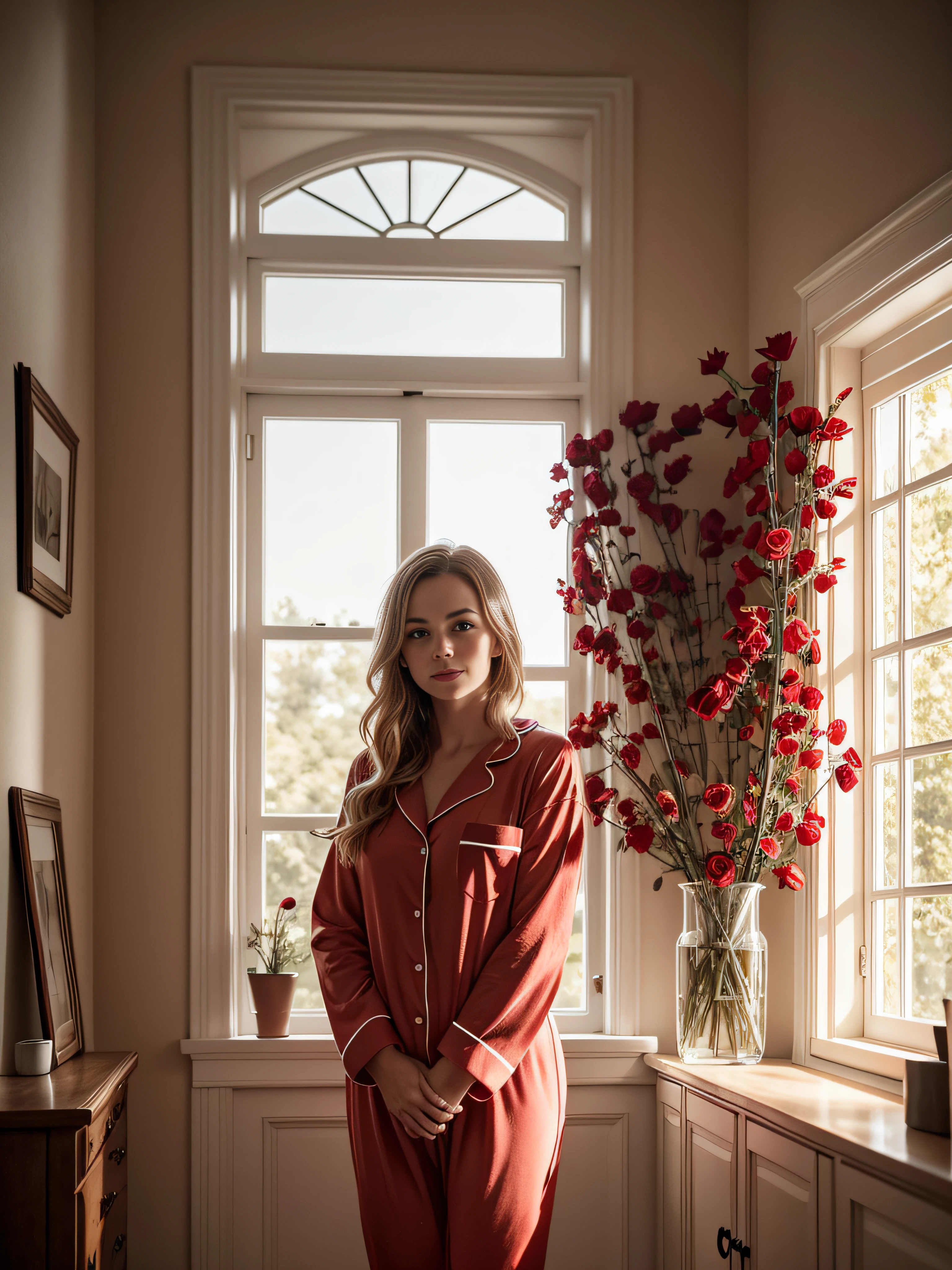 A swedish girl surrounded by red roses, and the sunlight is streaming through the window, creating a warm and inviting atmosphere. She is wering her wet pajama, realistic, best quality, photo-realistic 8k, (best quality:1.1), masterpiece, (realistic:1.1), photo-realistic