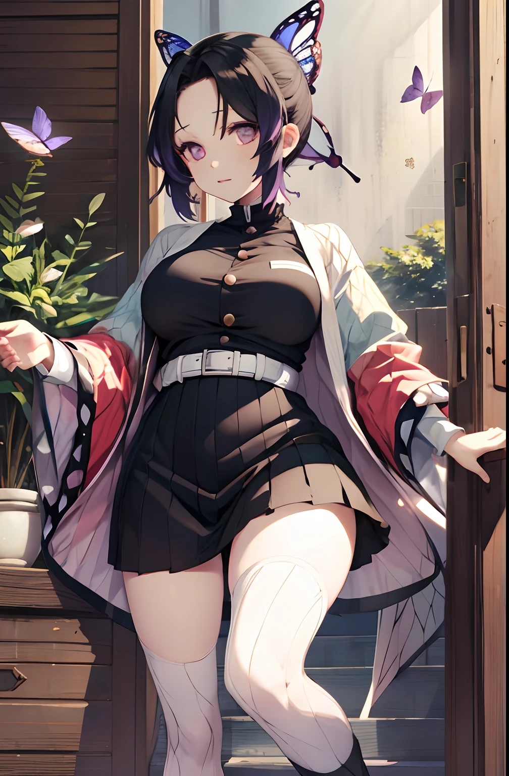 masutepiece, Best Quality, hight resolution, 1girl in, 独奏, kochou shinobu, Decorate your hair with butterflies, violet eyes, Multi-colored hair, Short hair, Parted bangs, Short shorts, open one's legs, Skirt, Turtleneck Top, outside of house, Erotica, large full breasts,low angles